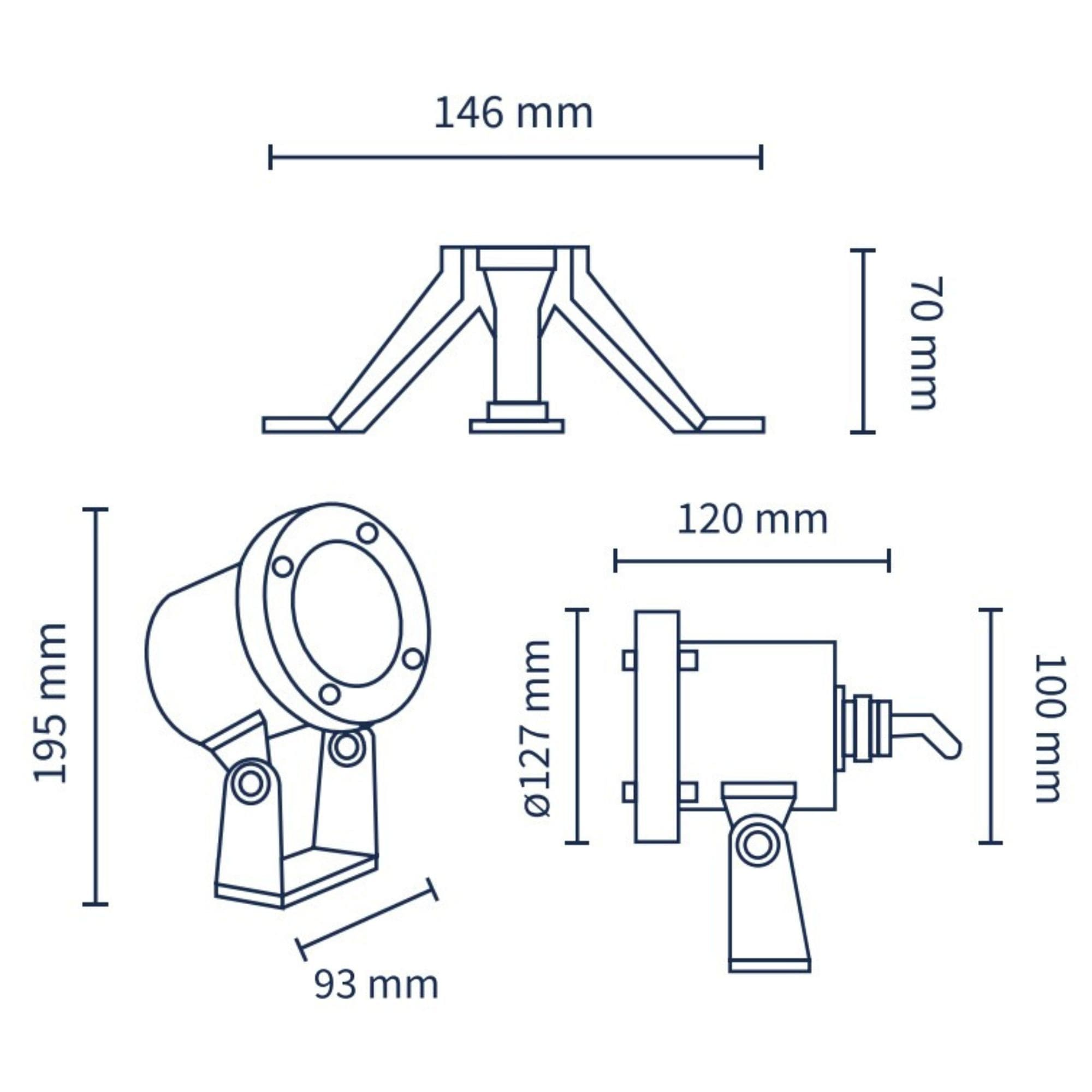 Dibujo técnico de un foco con dimensiones.