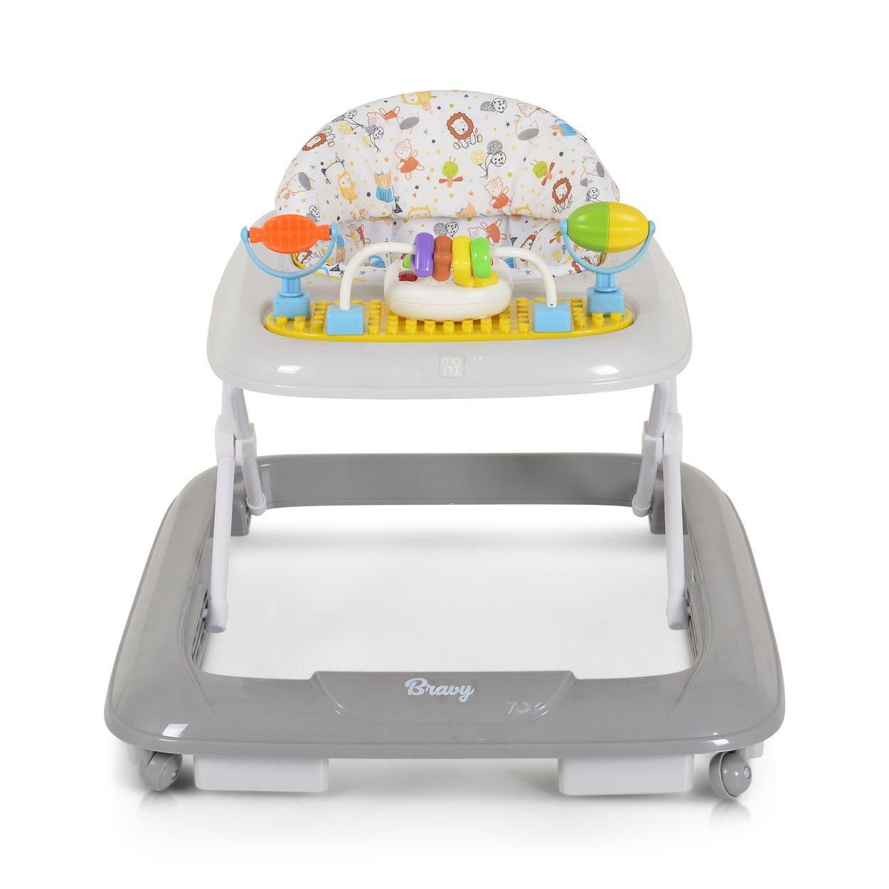 Grauer Baby-Walker mit Spielzeugtablett, bunten Tasten und Tiermotiven.