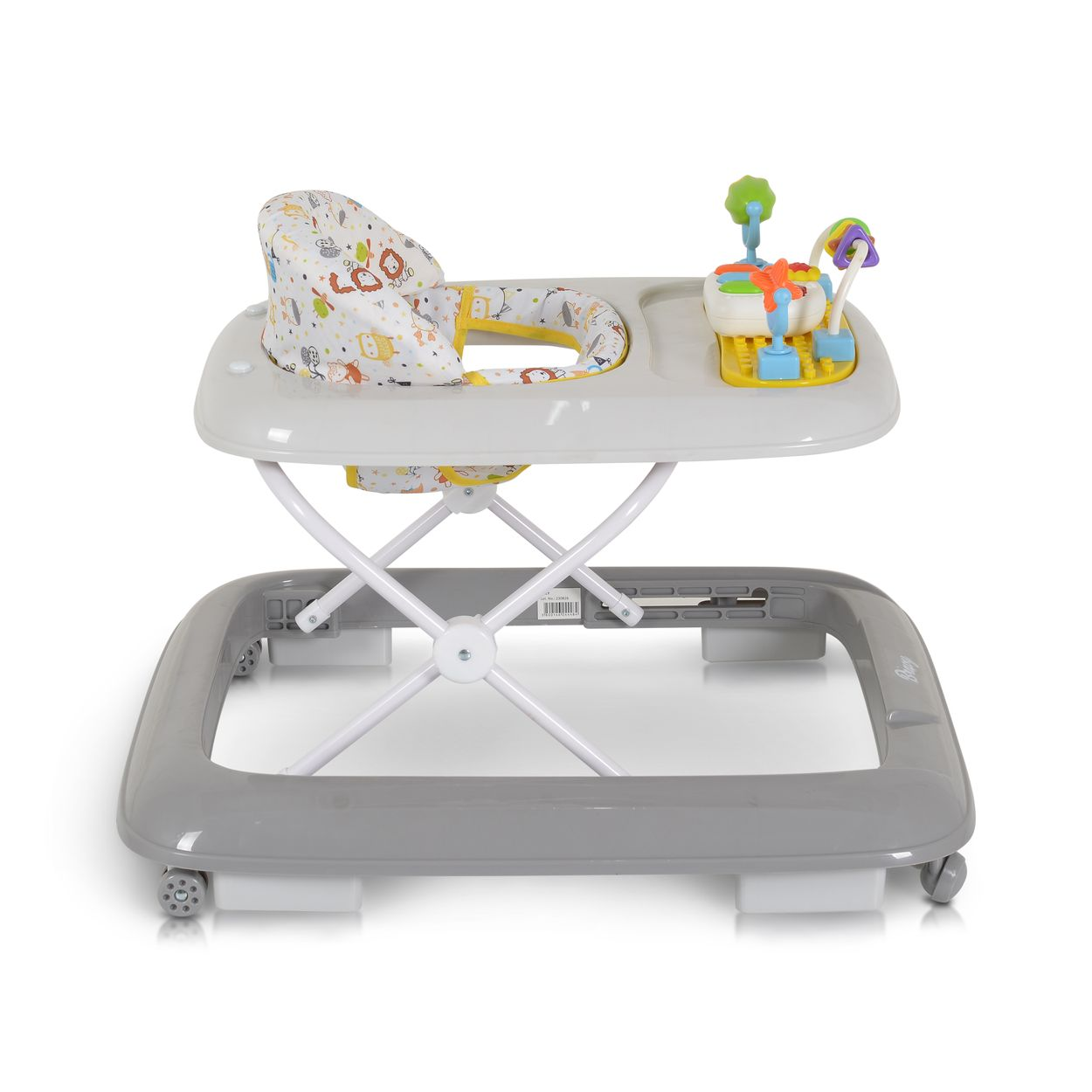 Grauer Baby-Gehfrei mit Spielzeug-Tablett und Tiermotiven.