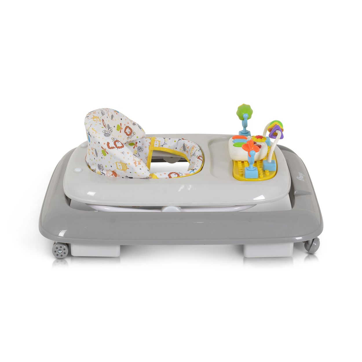 Grauer Baby-Gehwagen mit bunten Spielzeugen und Tiermotiv-Polsterung.