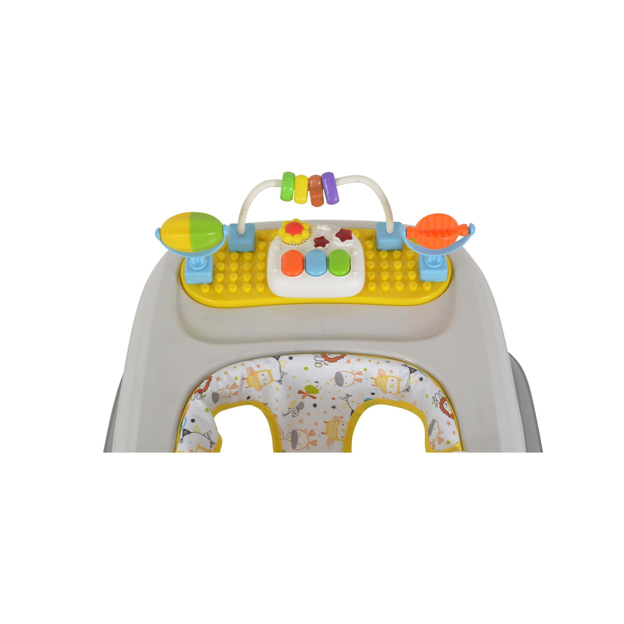 Baby Lauflernhilfe mit Spielzeug: bunte Knöpfe, Räder und Tierbilder.
