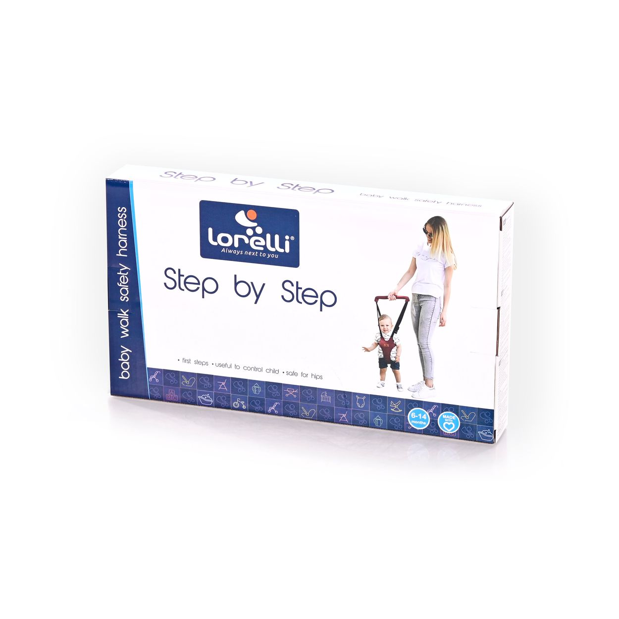 Verpackung für Lorelli Baby-Gehhilfe mit Frau und Baby.