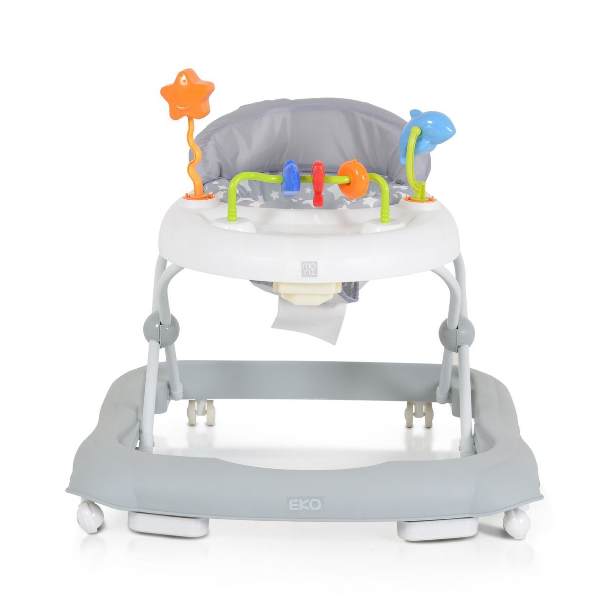 Ein grauer Baby-Gehwagen mit Spielzeug und Rädern.