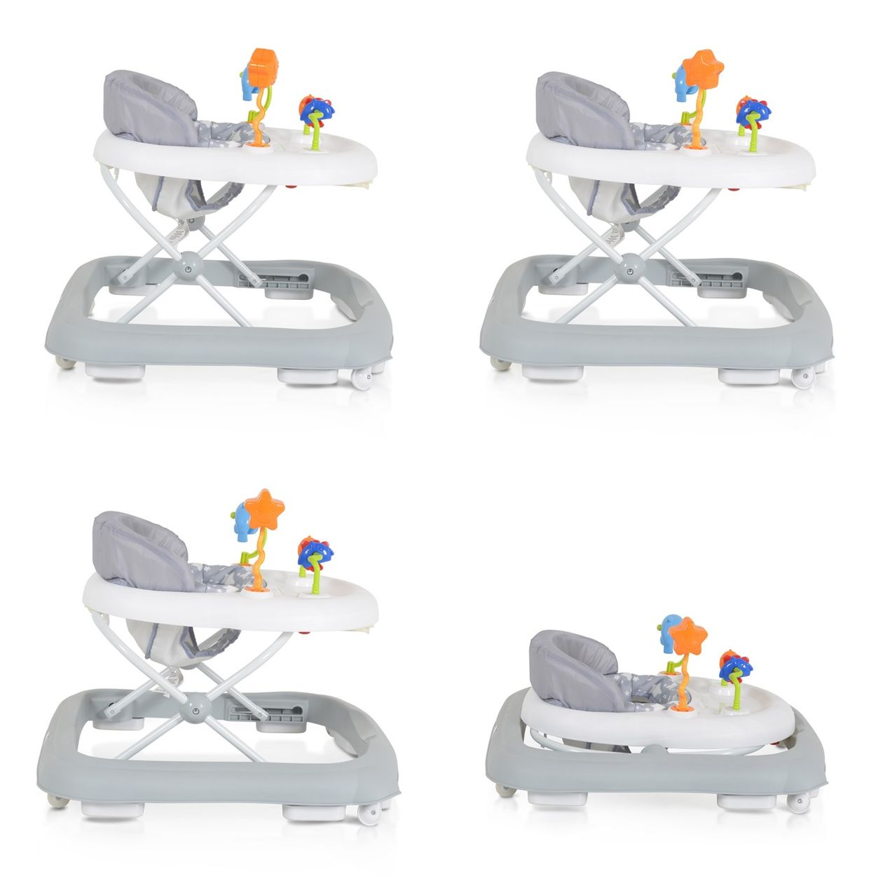 Ein grauer Baby-Gehwagen mit Spielzeug auf weißem Hintergrund.