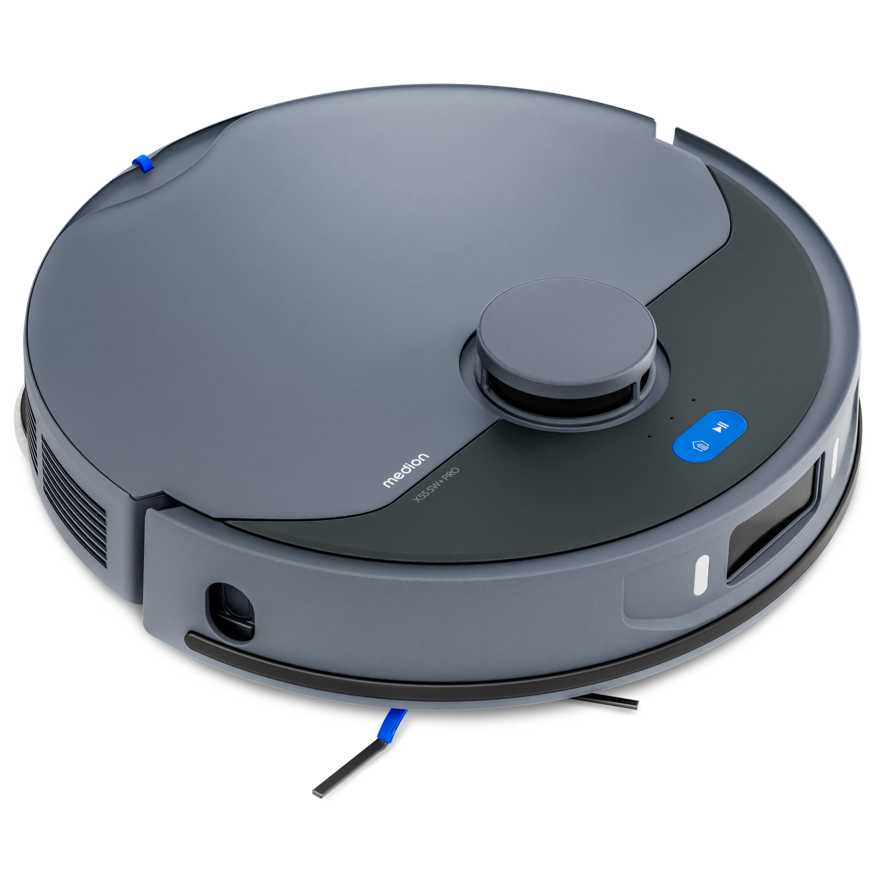 Een grijze robotstofzuiger met blauwe accenten en Medion logo.