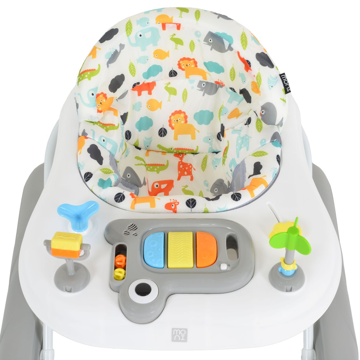 Babywippe mit bunten Tiermotiven und Spielzeug.
