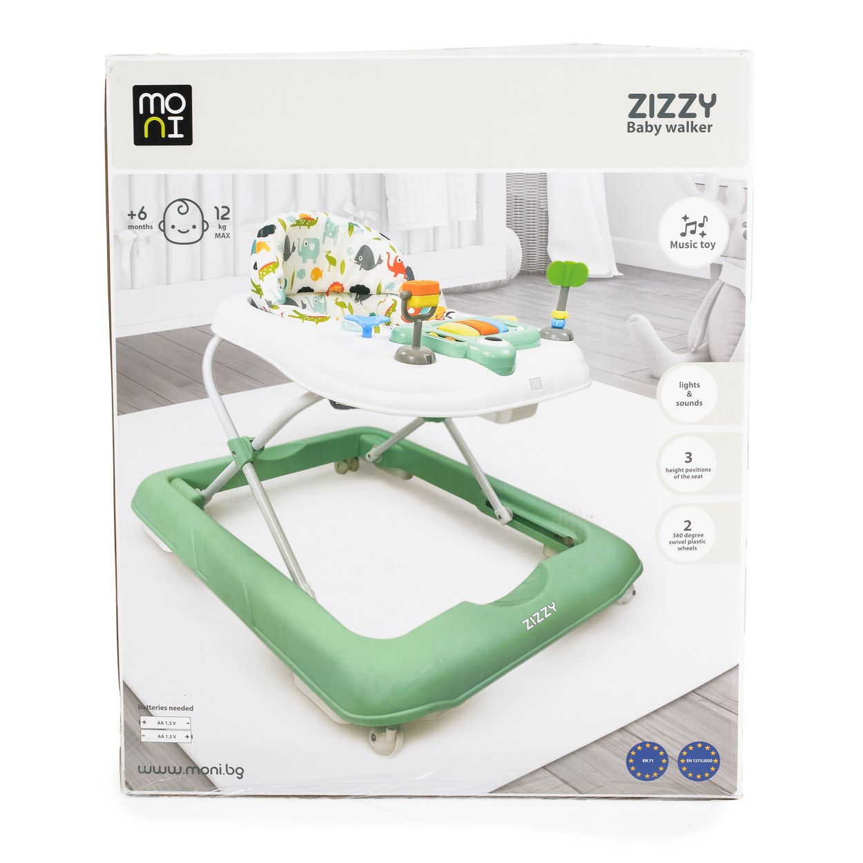 Ein grüner Baby-Lauflernhilfe mit Spielzeug und Stofftier im Hintergrund.