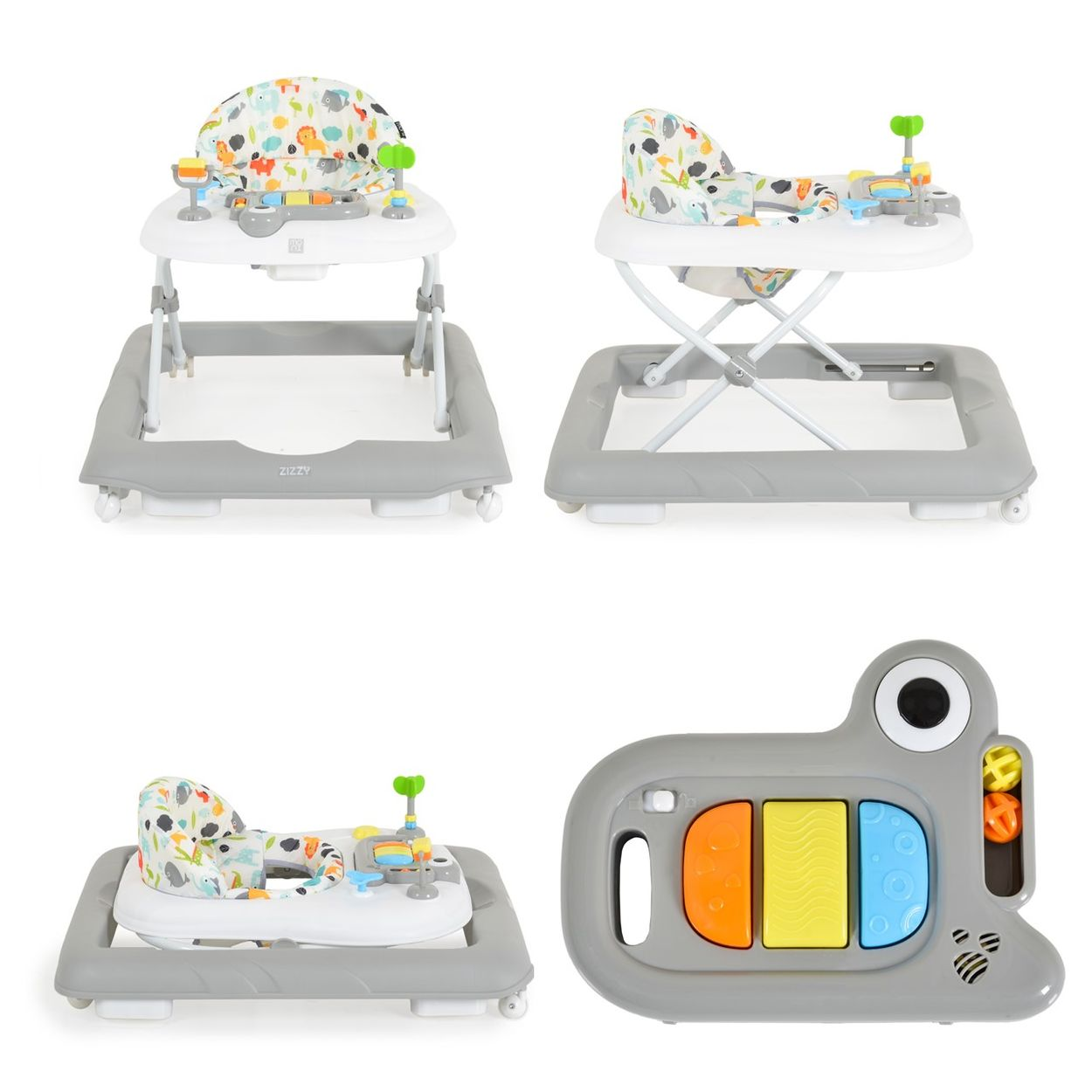 Babywippe mit Spielbrett und Krabbelhilfe. Bunt gemustert.