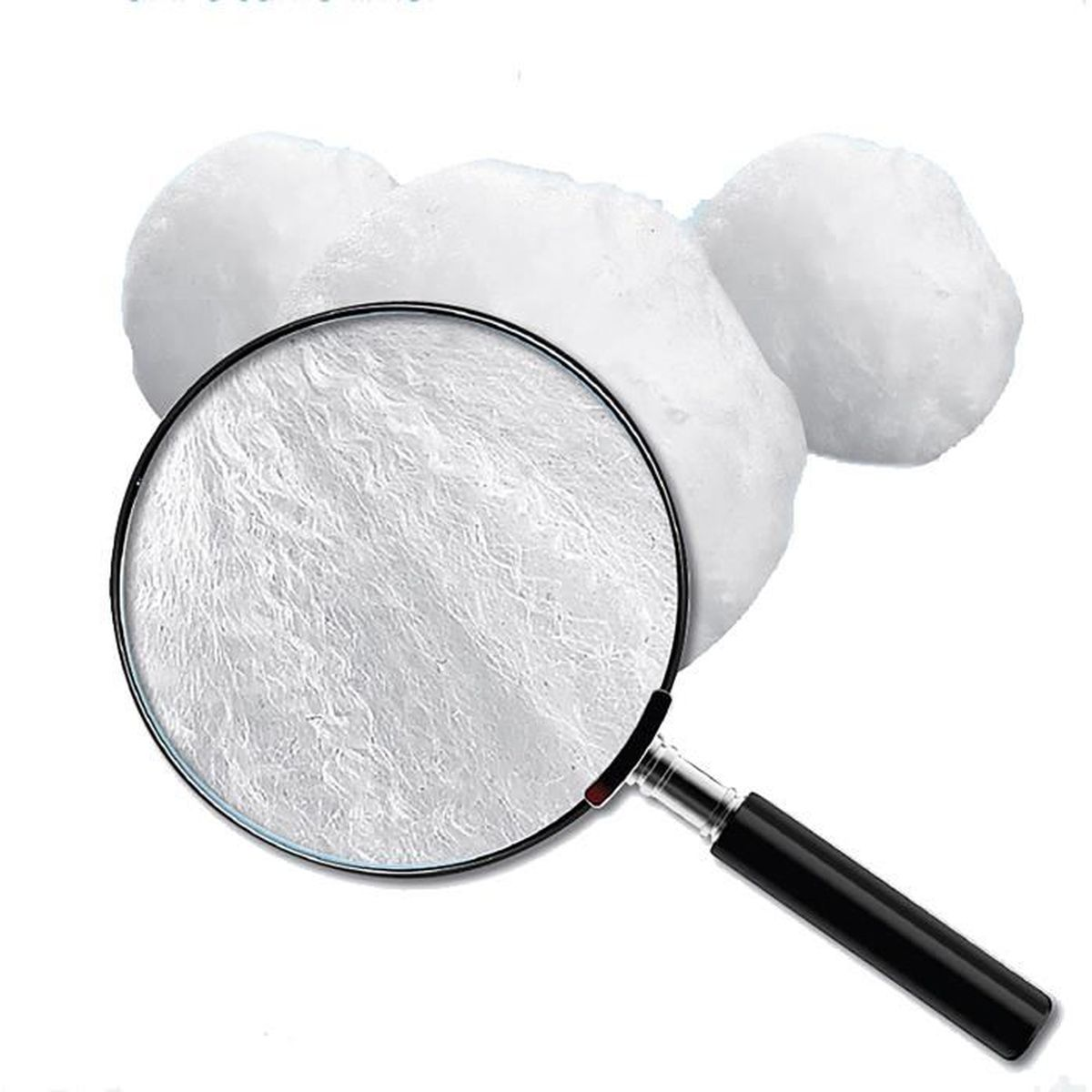 Vergrootglas toont fijne vezels op pluizige witte ballen.
