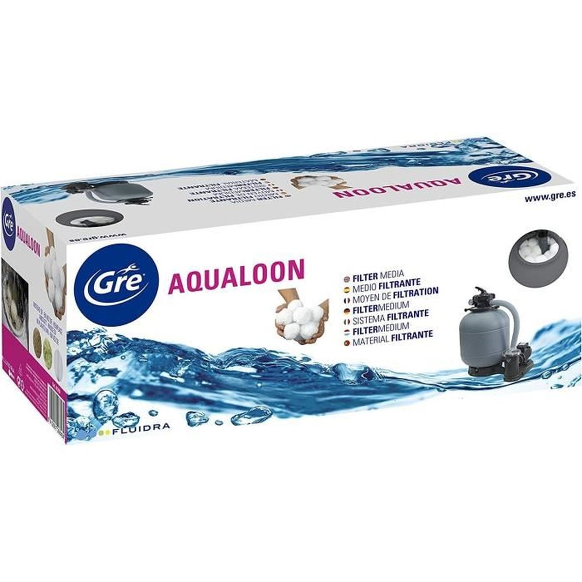 GRE AQUALOON filtermedia doos met waterillustratie en filtersysteem.