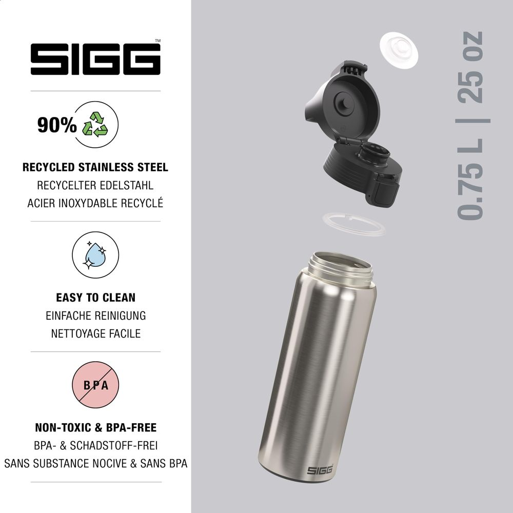 SIGG Edelstahlflasche, 0,75L, 25oz. Zerlegt mit Deckel.