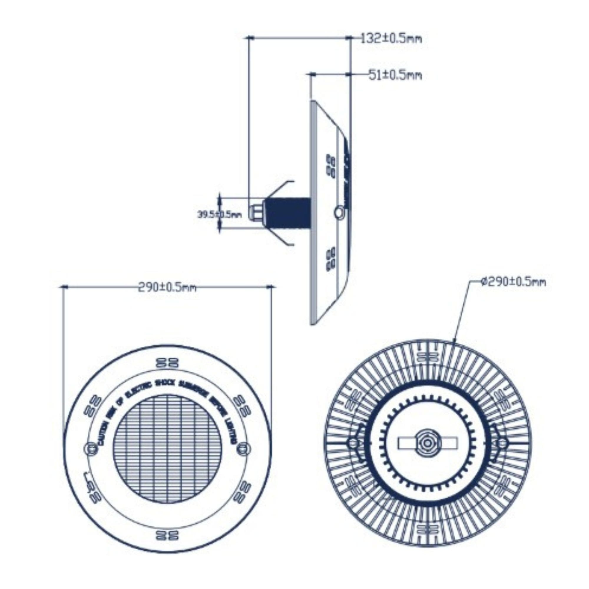 Dibujo técnico de un dispositivo redondo con dimensiones y advertencias.