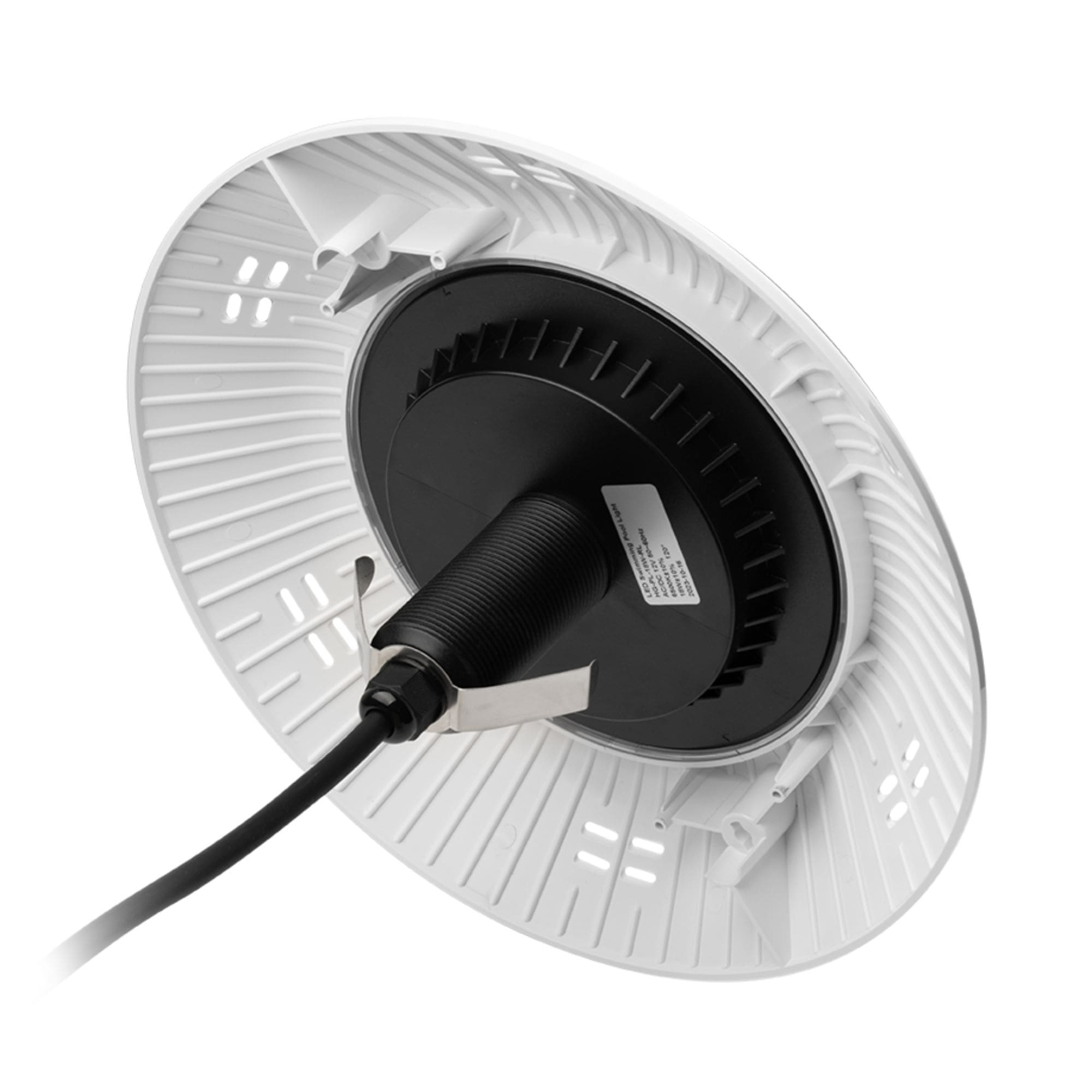 Parte inferior de una luz LED blanca para piscina con conexión de cable negro.
