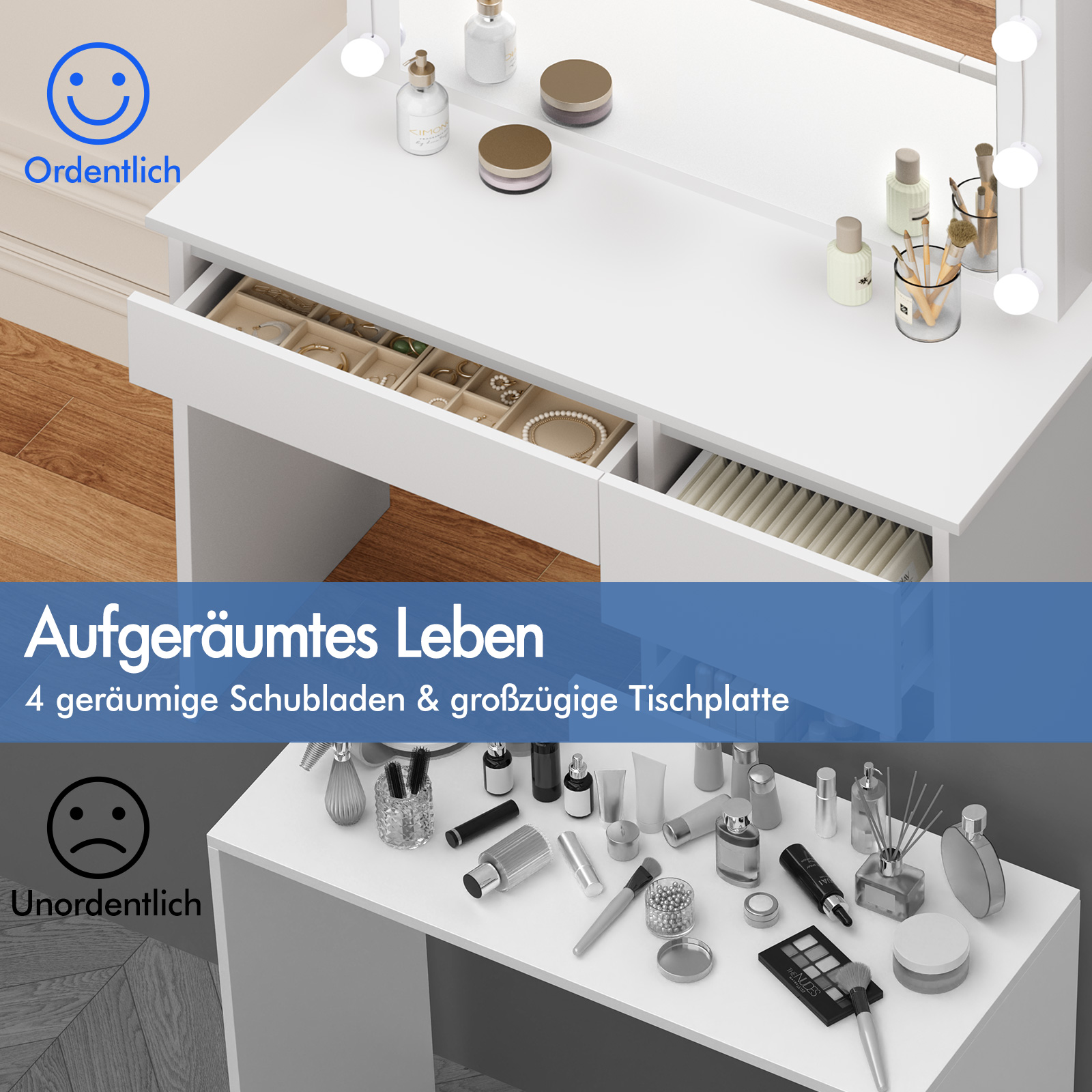 Ein weißer Schminktisch mit offenen Schubladen, gefüllt mit Schmuck und Kosmetika.