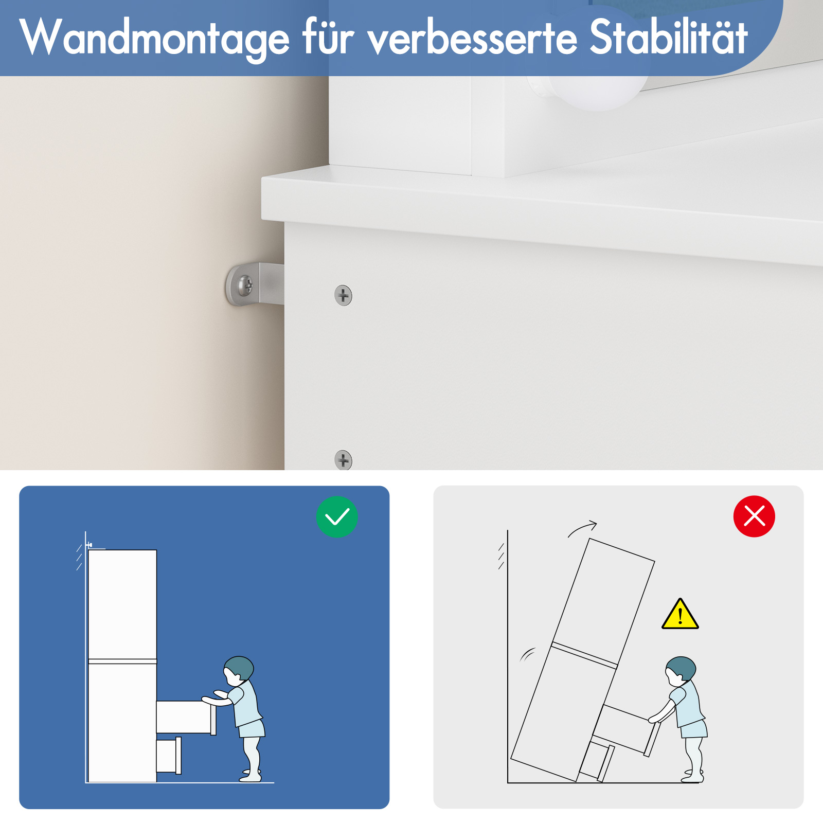 Wandmontage für Stabilität. Richtig: Kind greift Schublade. Falsch: Möbel kippt.