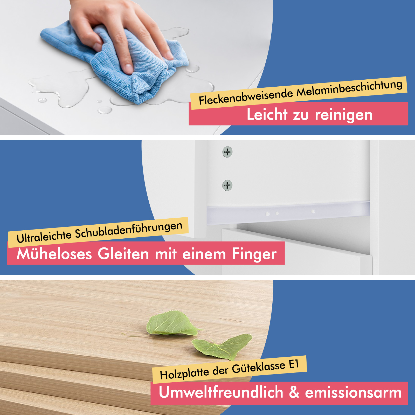 Eine Hand wischt mit einem blauen Tuch über eine weiße Oberfläche. Darunter sind Schubladenführungen und Holzplatten zu sehen.