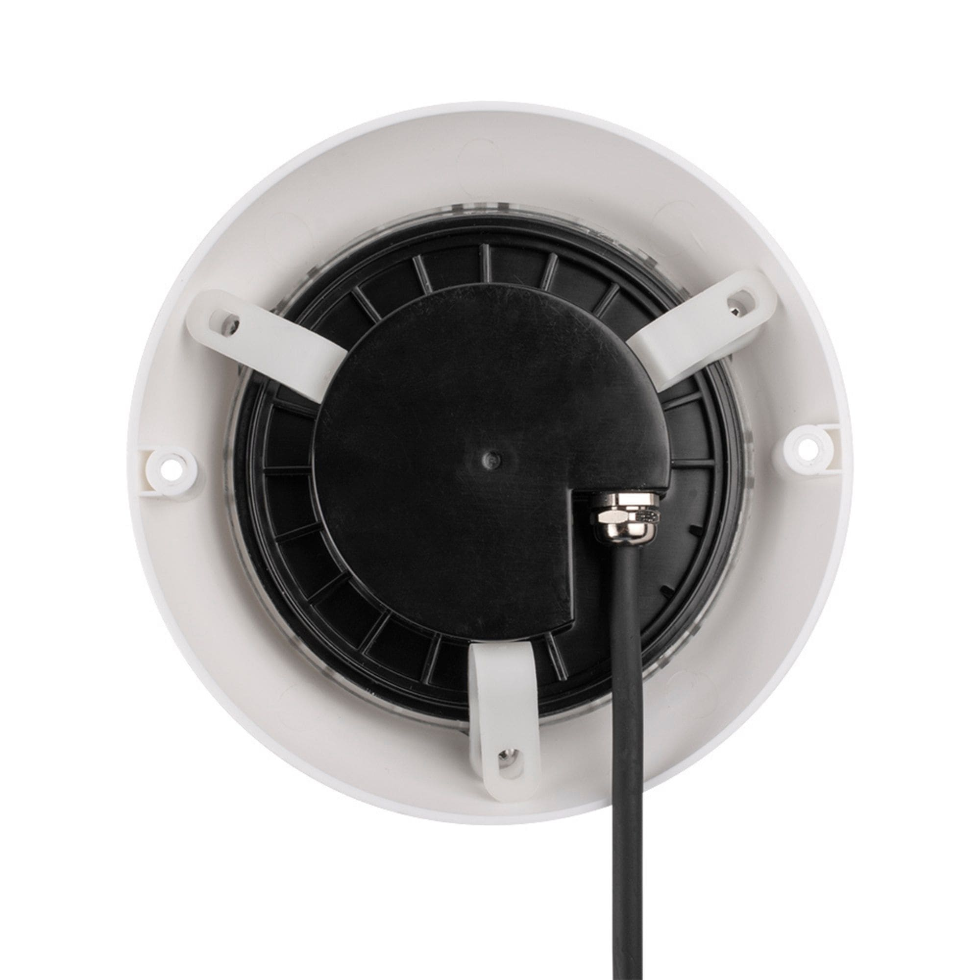 Soporte redondo blanco con centro negro y conexión de cable.