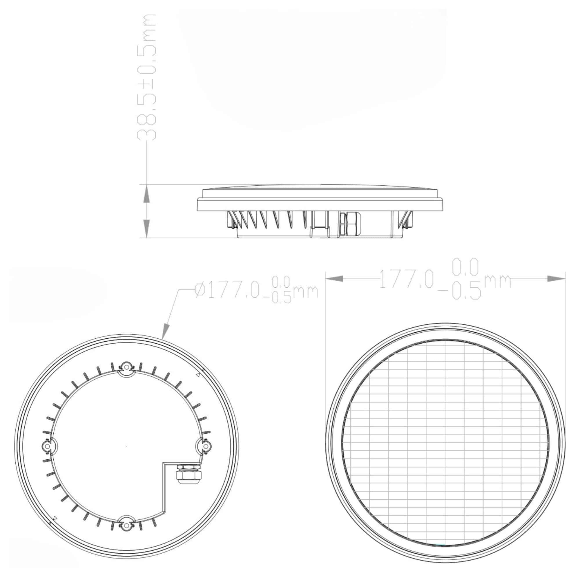 Dibujo técnico de un objeto redondo con dimensiones. Se muestran vistas lateral, superior e inferior.