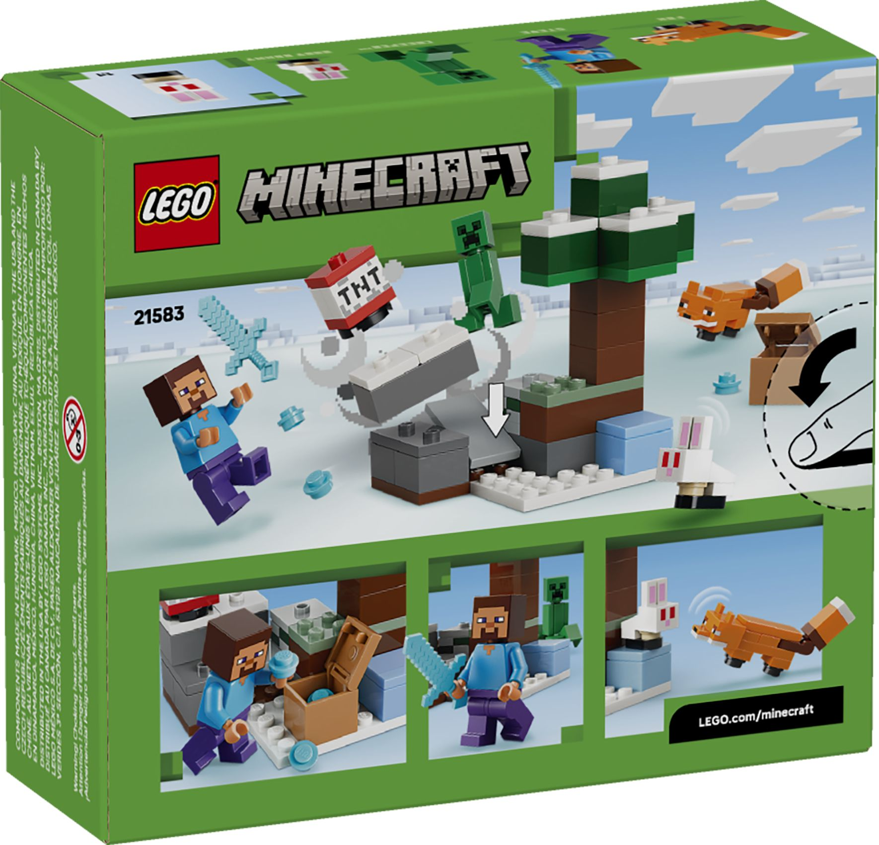 LEGO Minecraft-Box mit Steve, Creeper, Fuchs, Hase, TNT und Diamantschwert.
