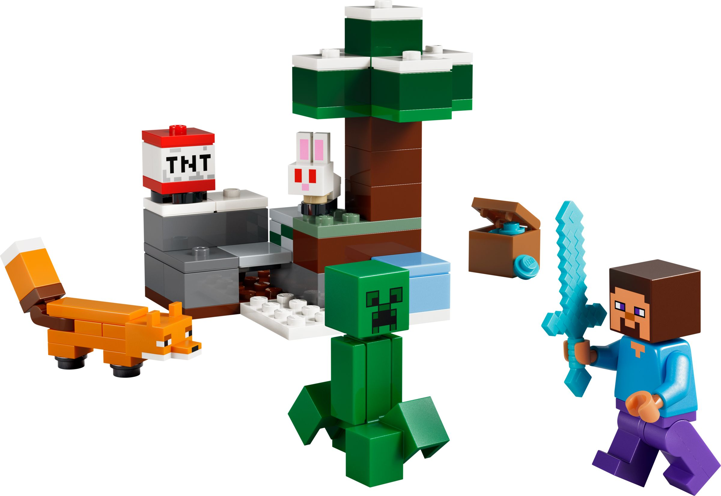 Ein Minecraft-Set mit Fuchs, Creeper, Steve mit Schwert, TNT und Hasen.