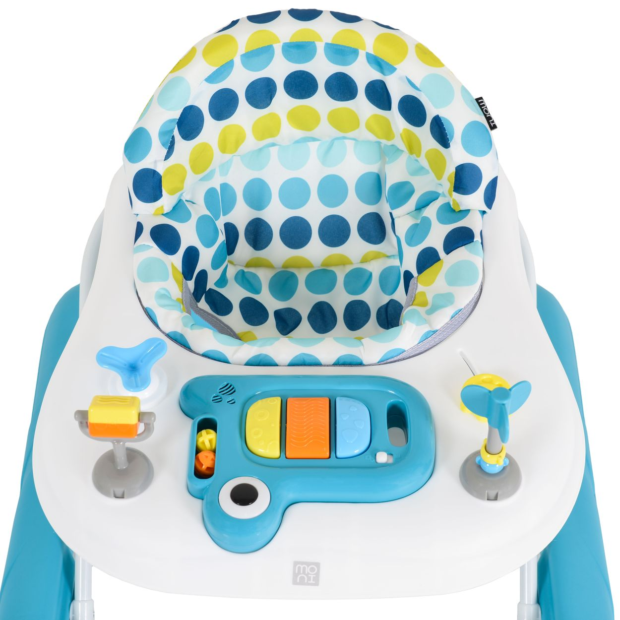 Ein blauer Baby-Lauflernhilfe mit bunten Punkten, Spielzeug und Tasten.