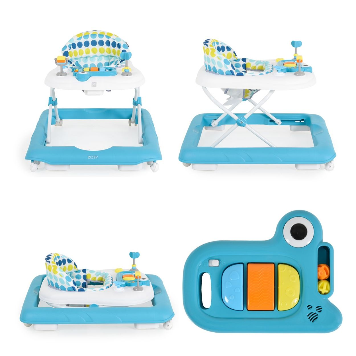 Blauer Baby-Gehwagen mit bunten Spielzeugen und eine Spielzeugkamera.