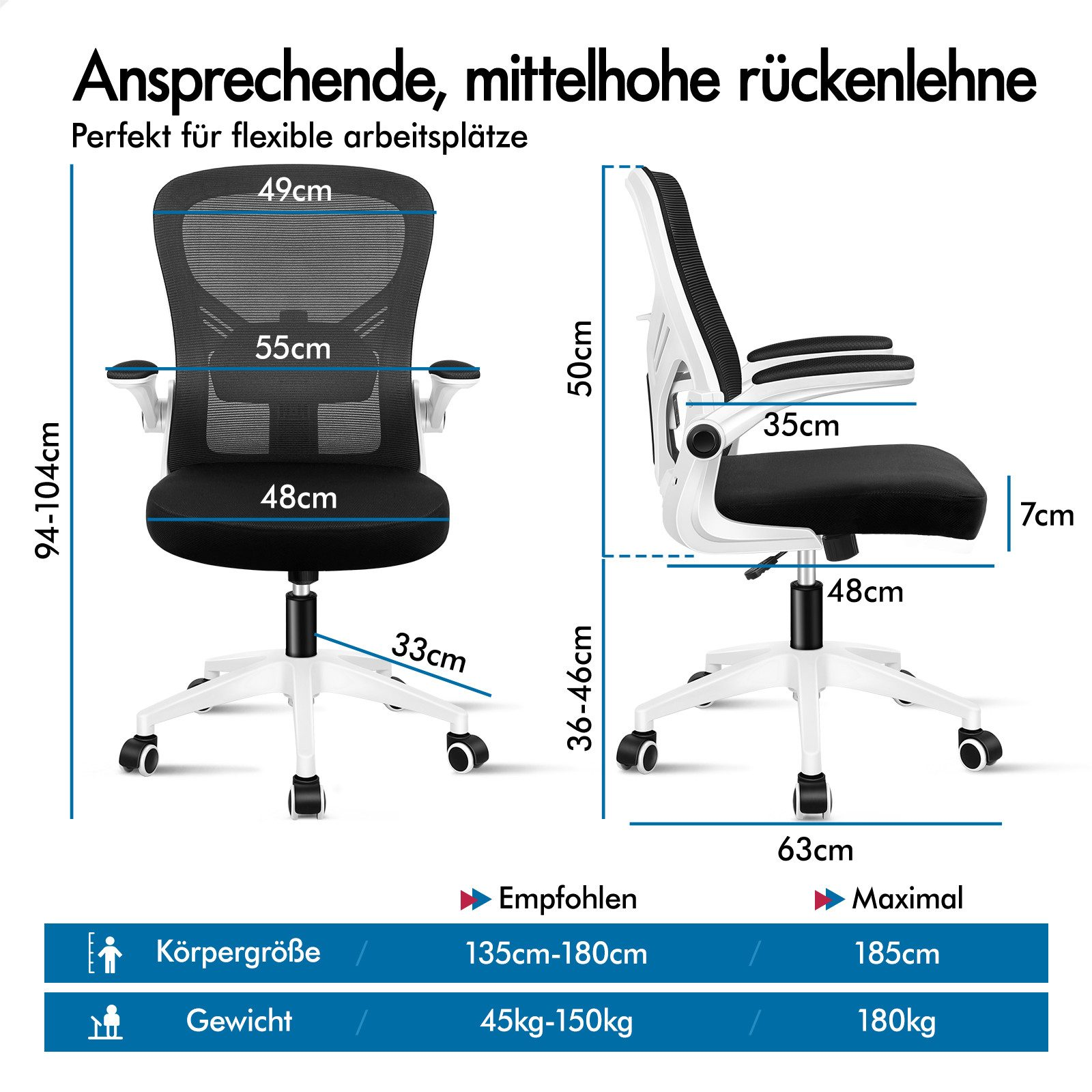 Ein schwarzer Bürostuhl mit Rollen und Maßangaben. Empfehlungen für Körpergröße und Gewicht.