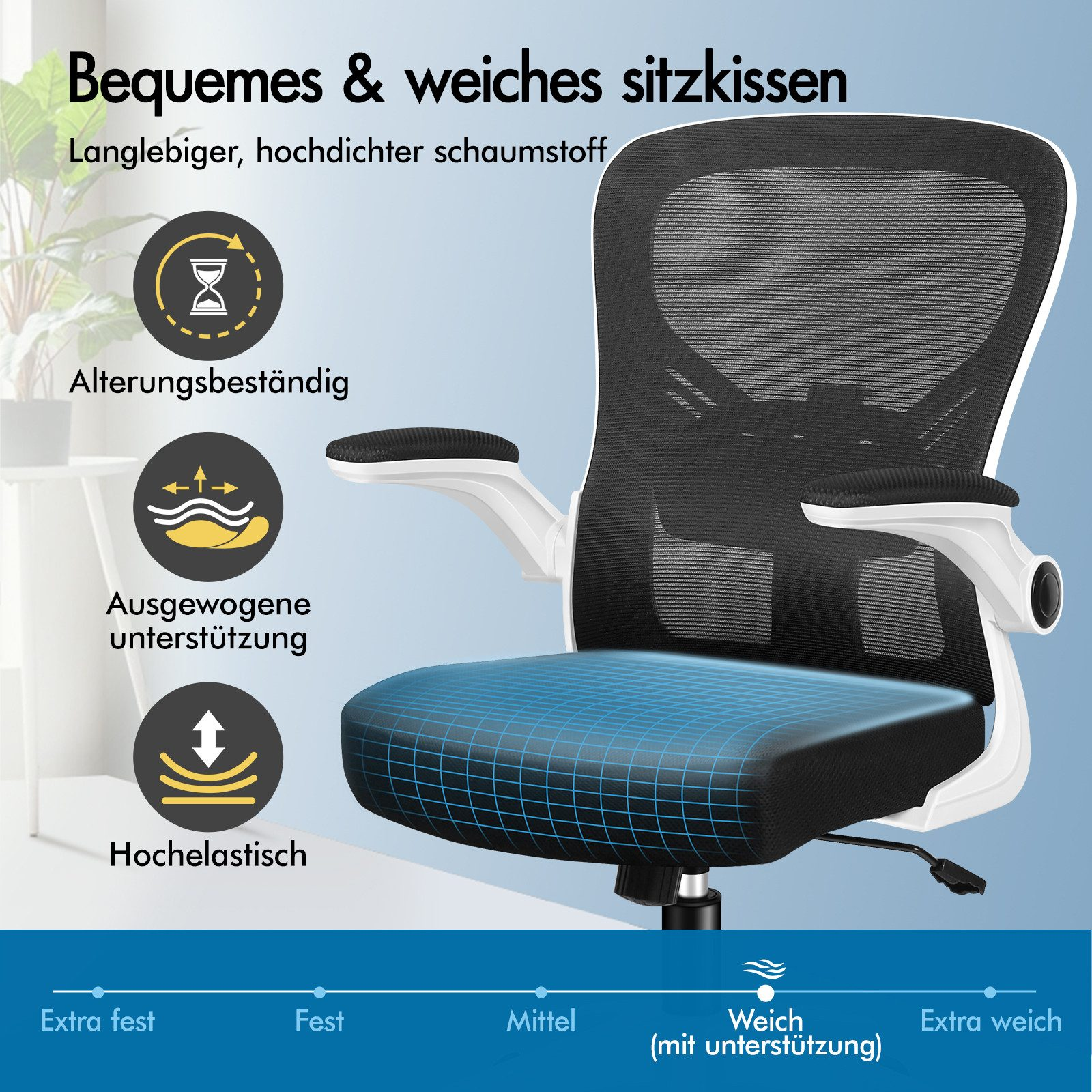 Ein schwarzer Bürostuhl mit Netzrücken und gepolstertem Sitz, mit Icons für Haltbarkeit.