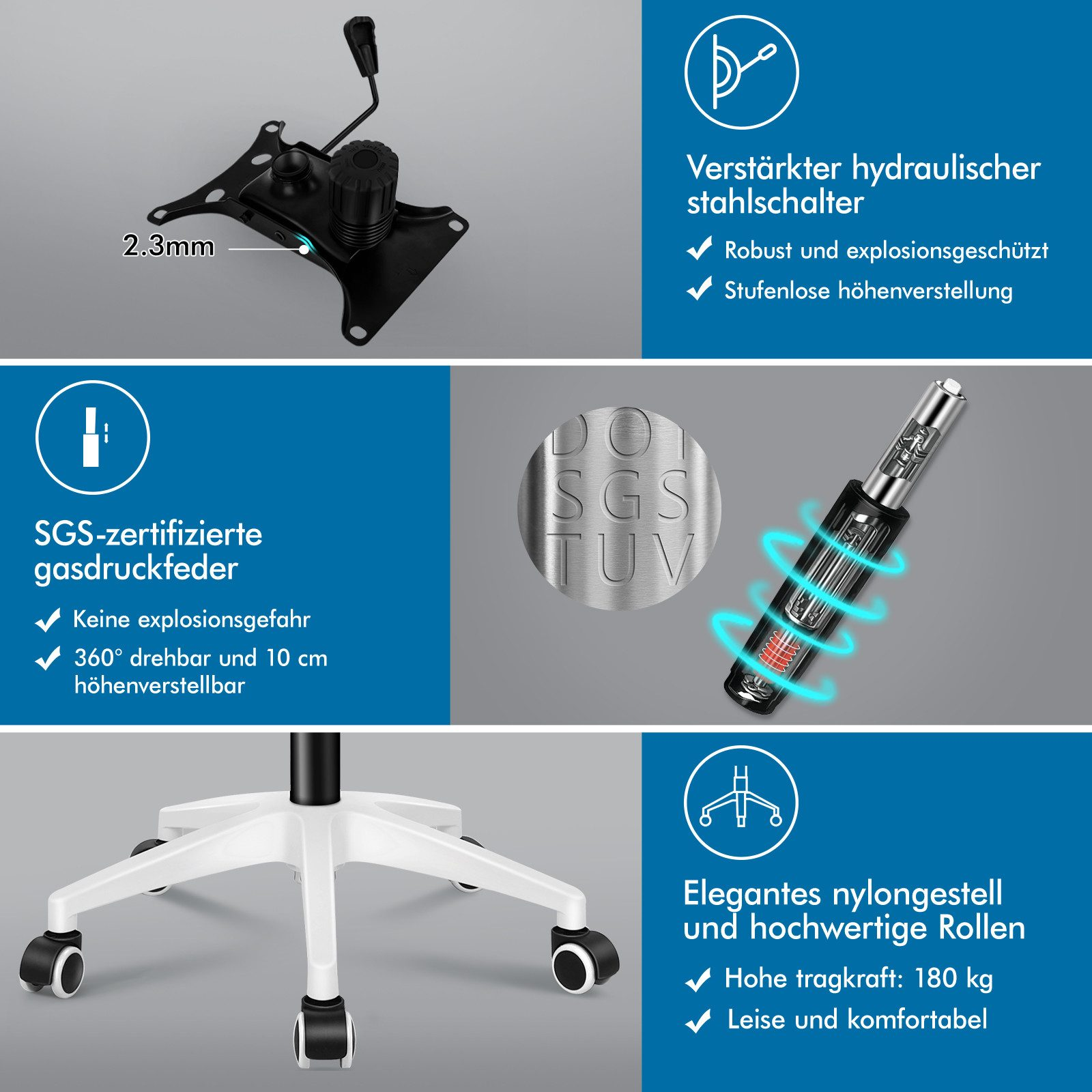 Produktkomponenten: Gasdruckfeder, Hydraulikschalter, Nylongestell mit Rollen.