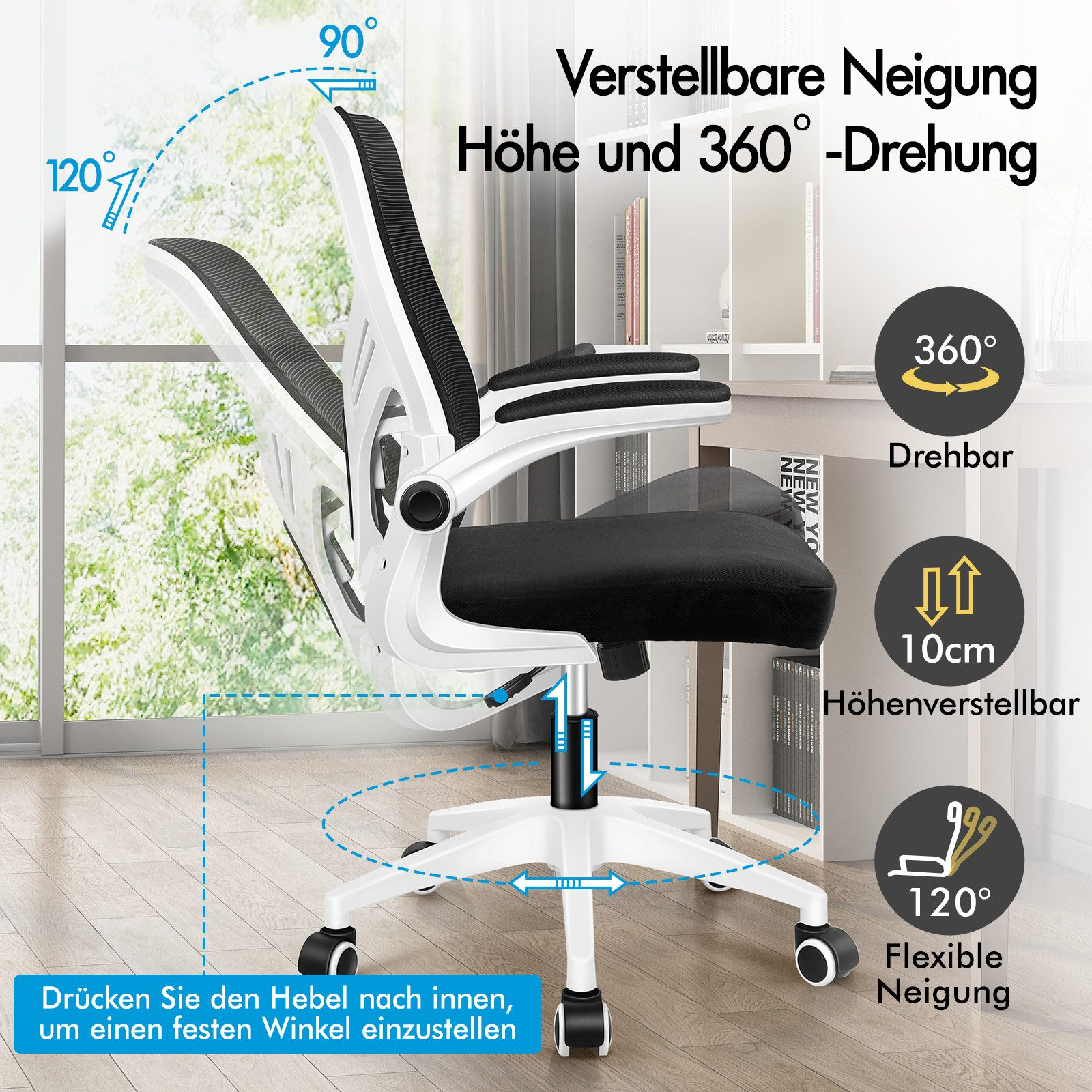 Ein moderner Bürostuhl mit verstellbarer Höhe und 360-Grad-Drehung.