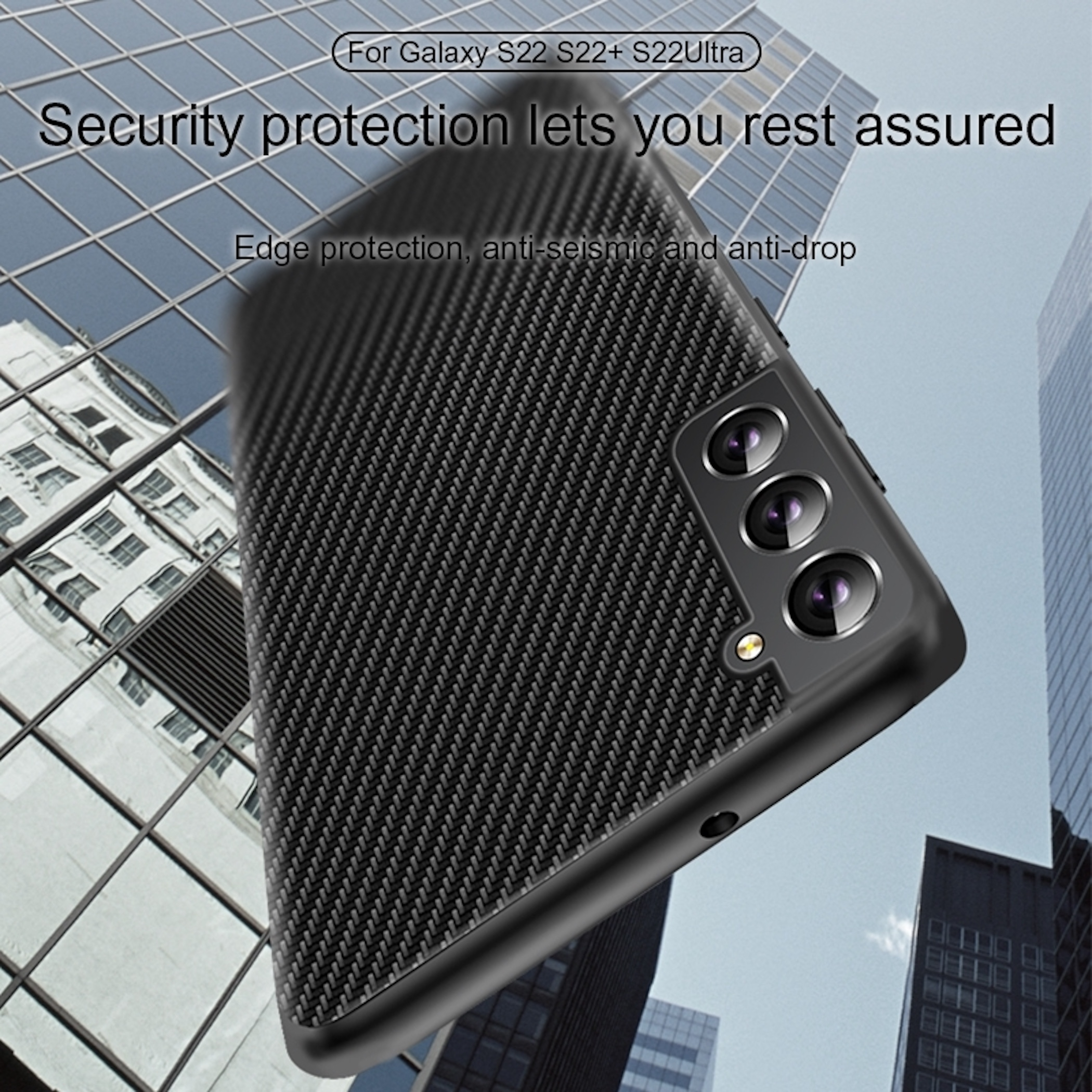 Funda negra para teléfono con tres cámaras, contra rascacielos.