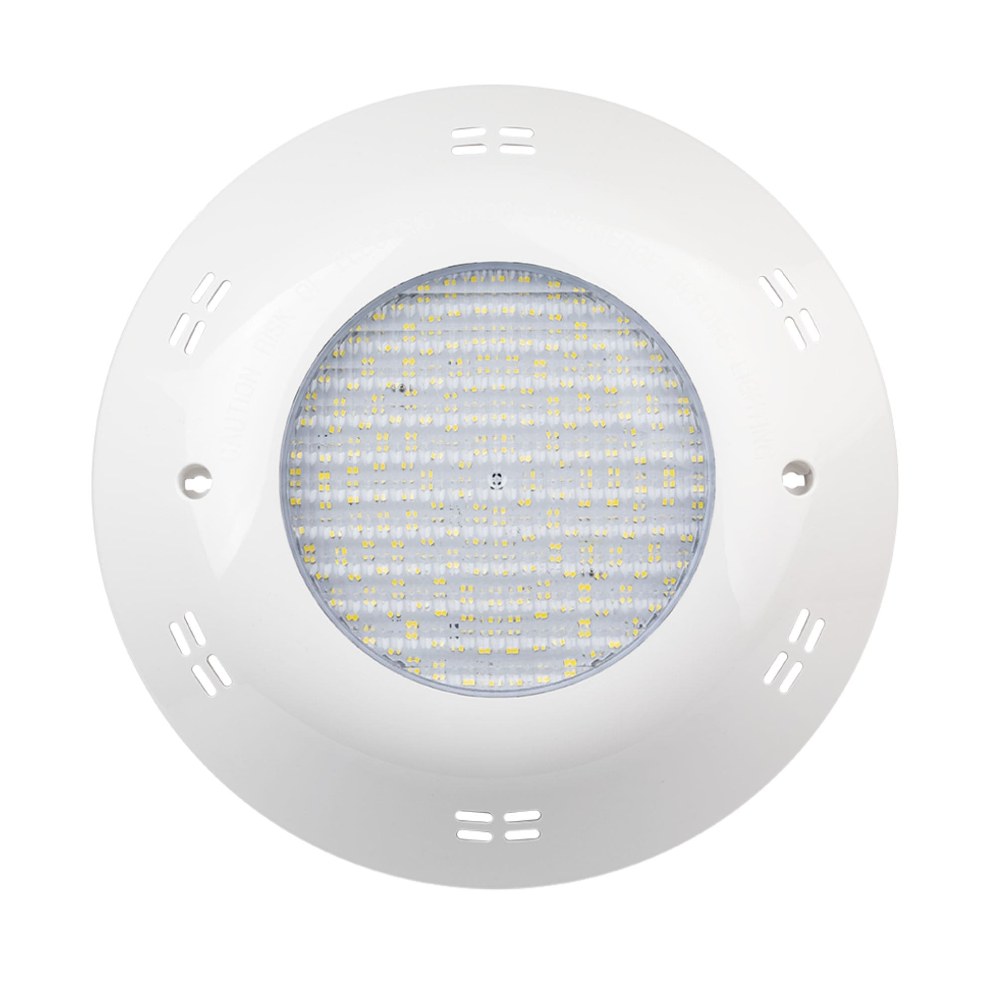 Luz de piscina blanca y redonda con muchos LEDs amarillos pequeños.