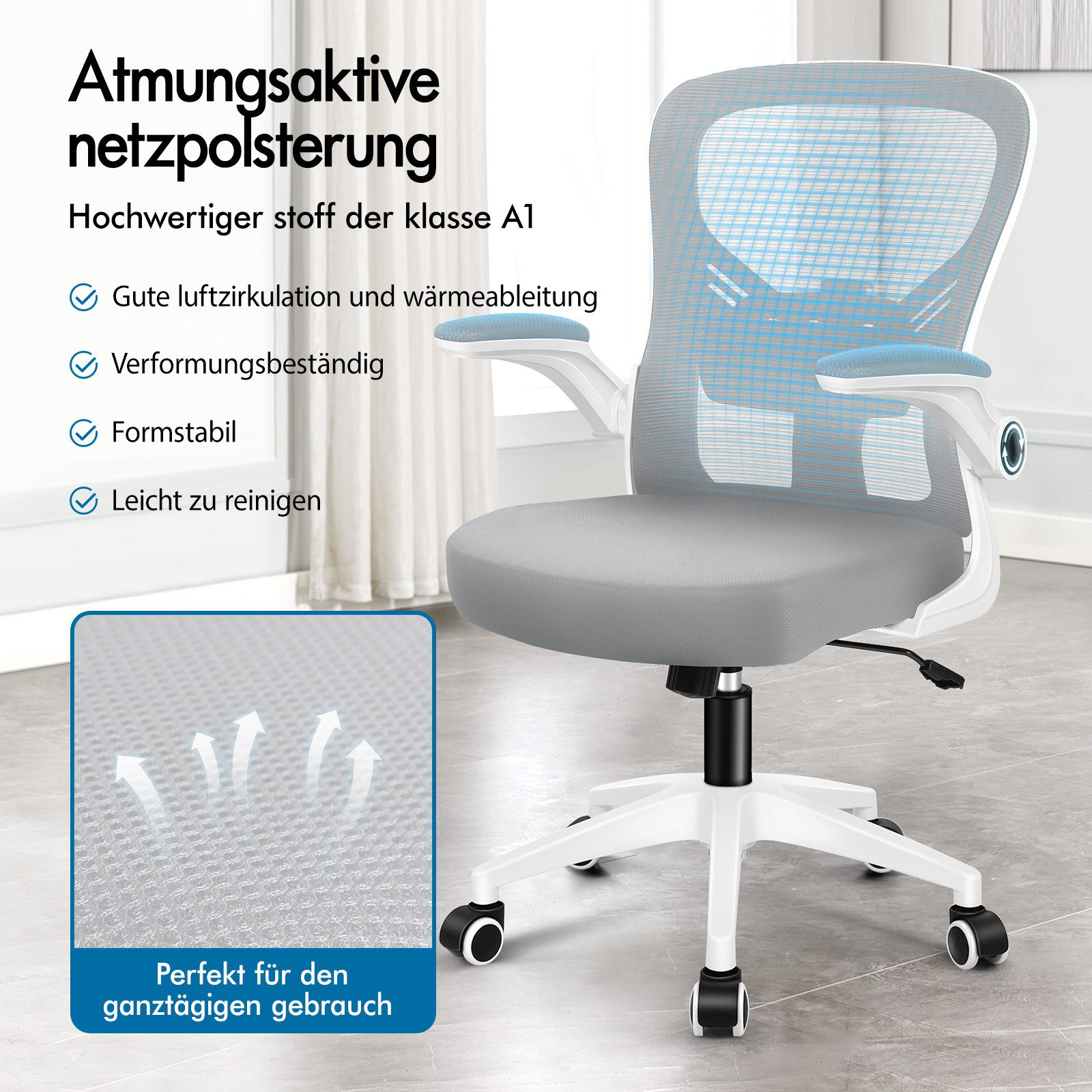 Grauer Bürostuhl mit Netzrückenlehne, weißem Gestell und Rollen.