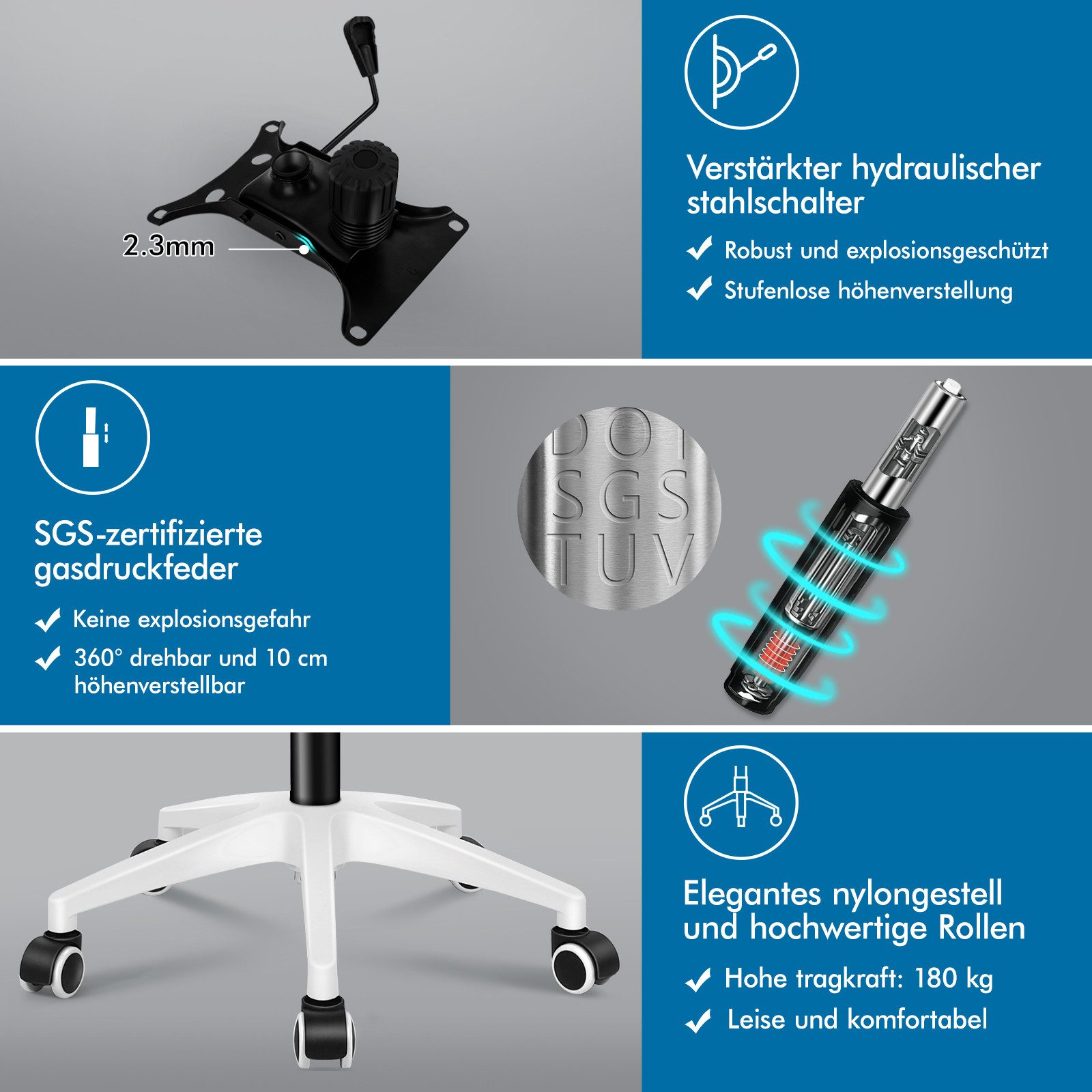 Bürostuhlkomponenten: Gasfeder, SGS-Siegel, Hydraulikschalter, Gestell mit Rollen.