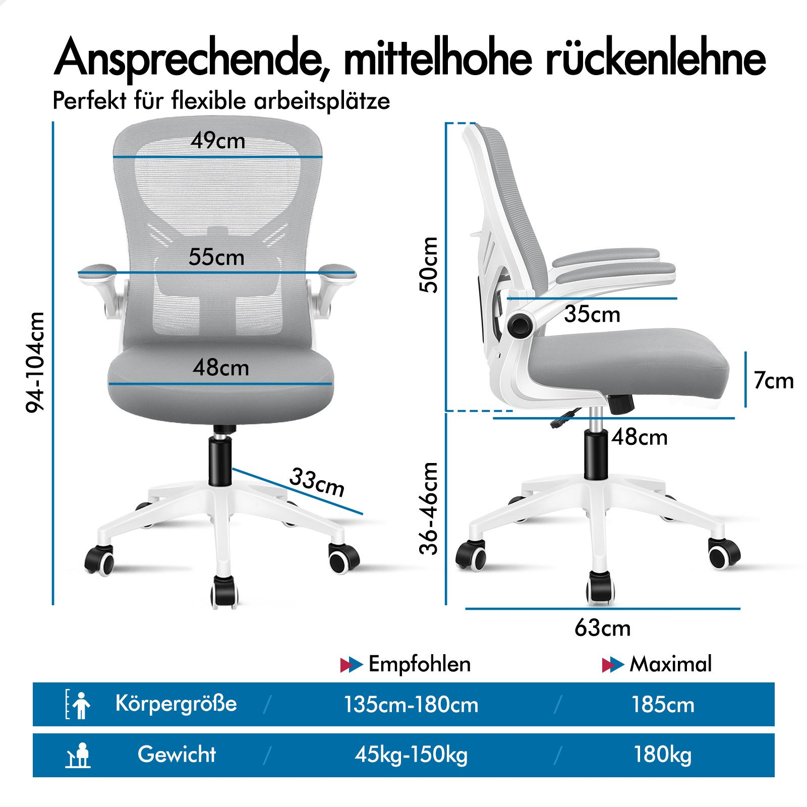 Grauer Bürostuhl mit Maßen und Gewichtsangaben. Sitzhöhe 48cm.