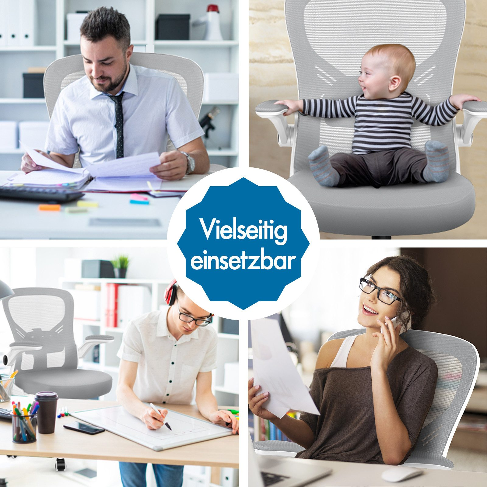 Collage von vier Szenen: Mann arbeitet, Baby im Stuhl, Frau mit Kopfhörern, Frau telefoniert.