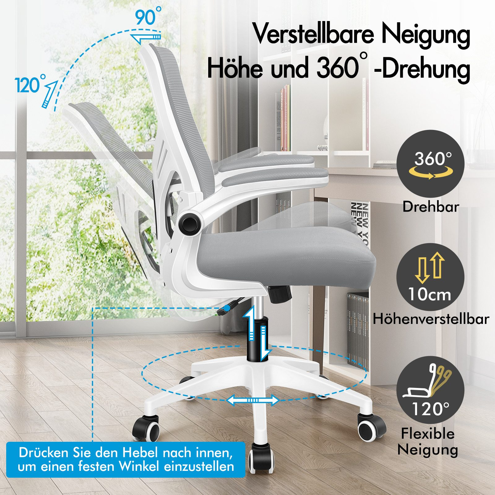 Ein verstellbarer Bürostuhl mit 360° Drehung, 10cm Höhenverstellung.