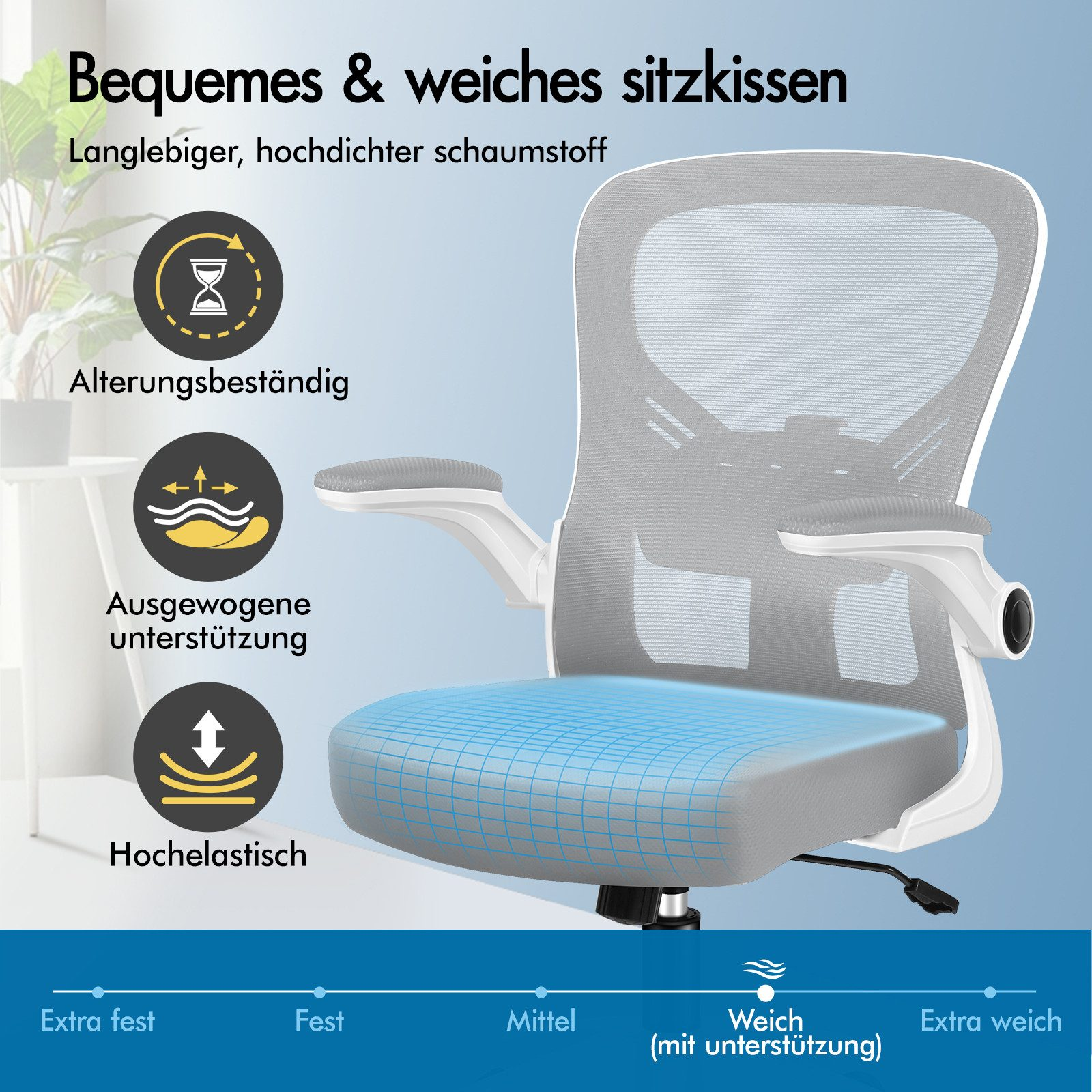 Grauer Bürostuhl mit Lendenwirbelstütze und Details zu Schaumstoffeigenschaften.