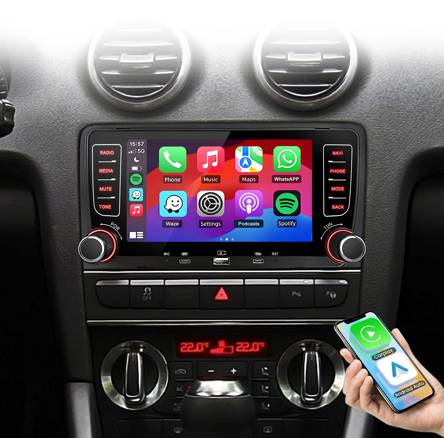 Deska rozdzielcza samochodu z ekranem multimedialnym pokazującym aplikacje takie jak Telefon, Muzyka, Mapy i Spotify.