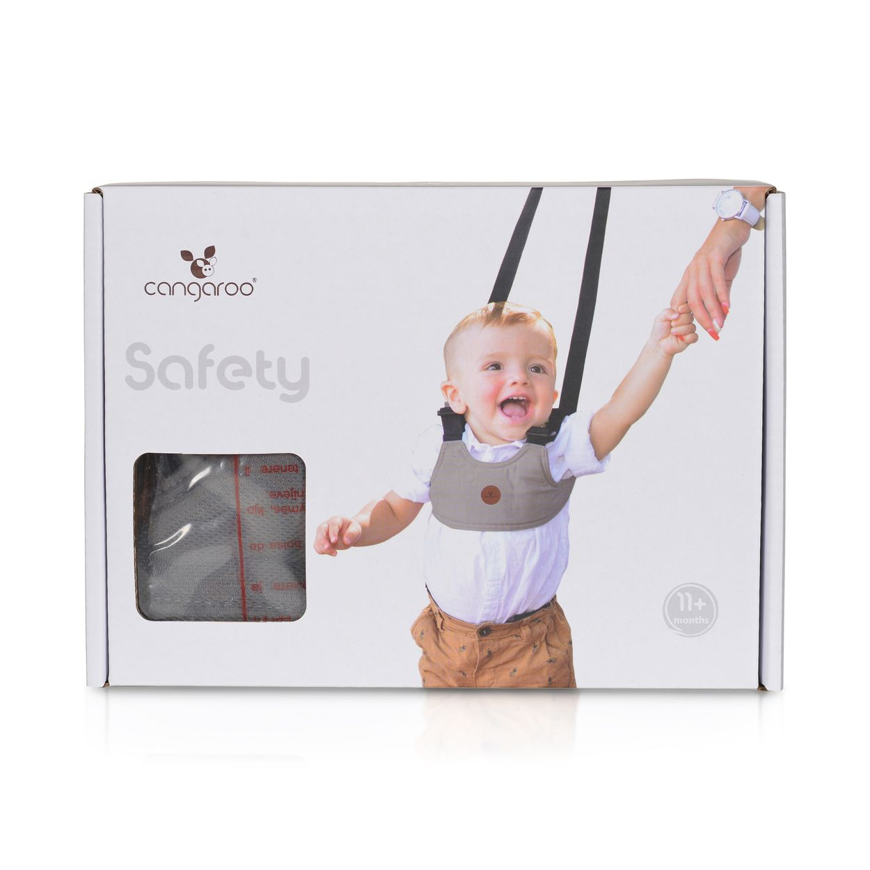Verpackung mit Baby und "Safety"-Logo. Ein Kleinkind hält Händchen mit einer Erwachsenen.