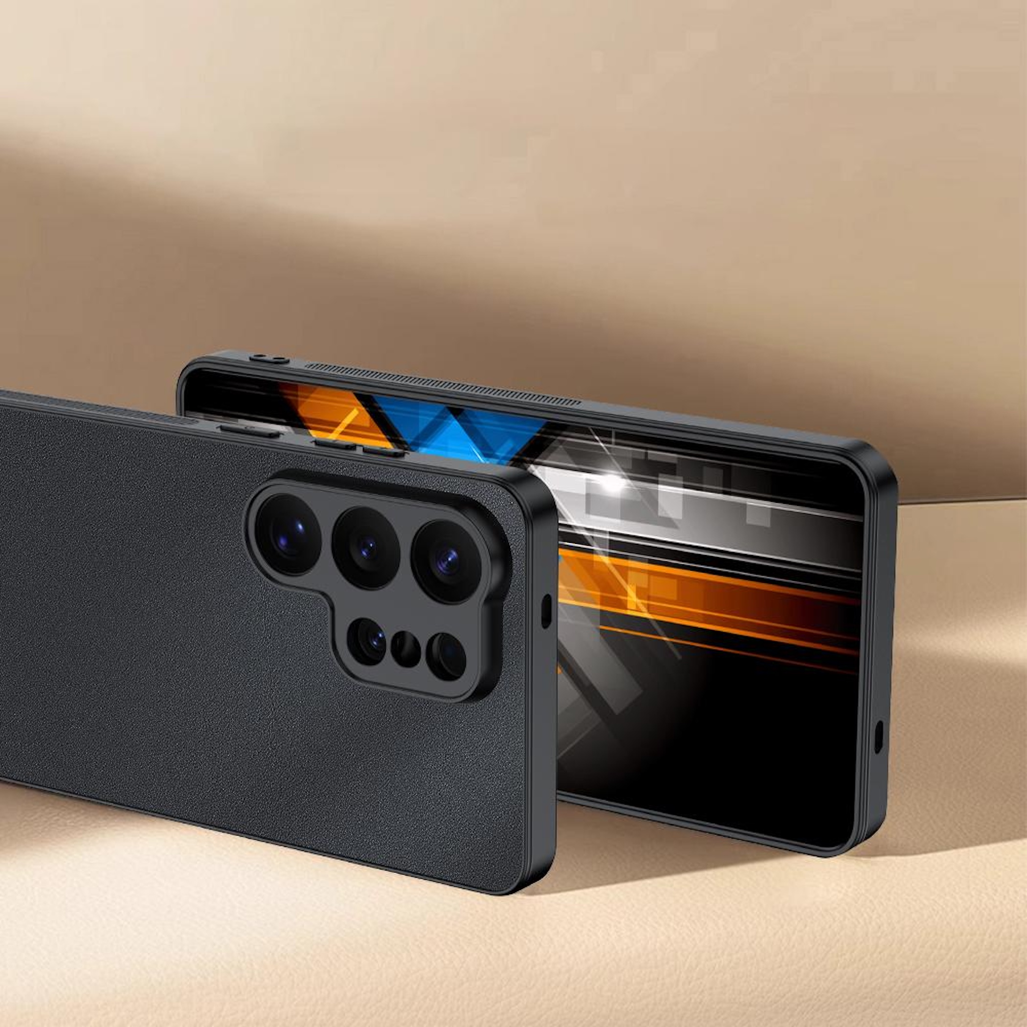 Un teléfono negro con cámaras traseras, junto a otro teléfono sobre superficie clara.