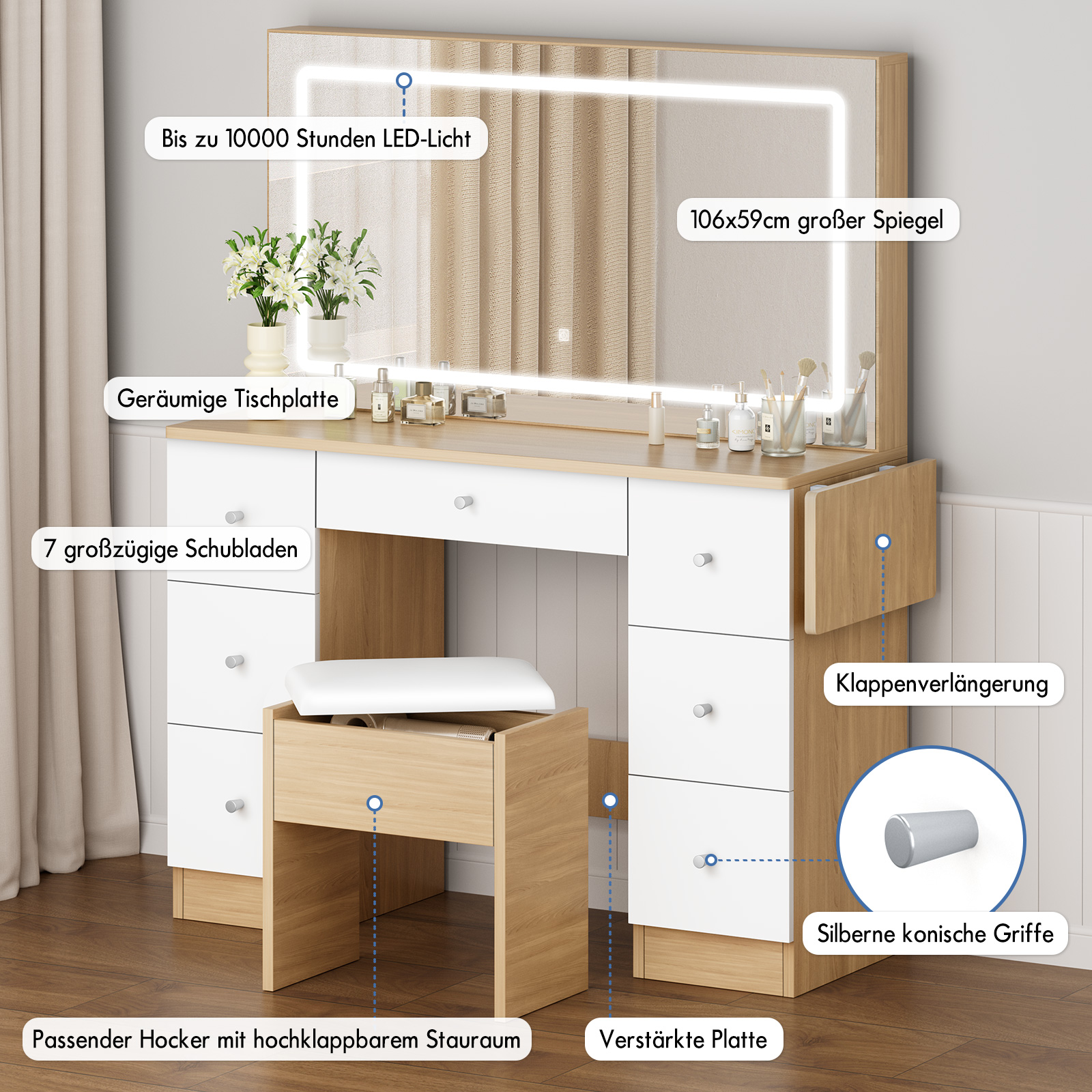 Schminktisch mit Spiegel, LED-Licht, Hocker und viel Stauraum.