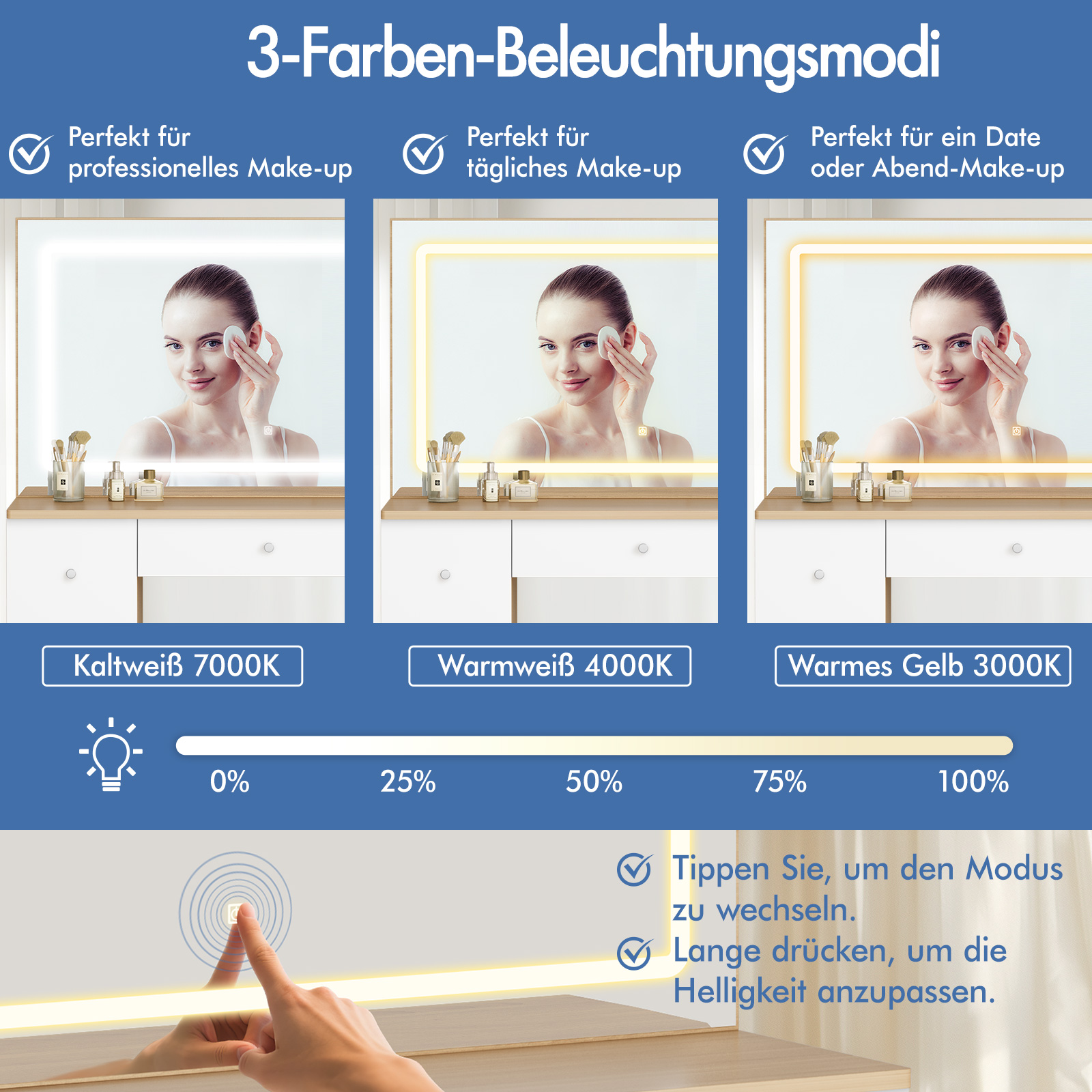 Drei Beleuchtungsmodi: Kaltweiß, Warmweiß, Warmgelb. Helligkeit einstellbar.