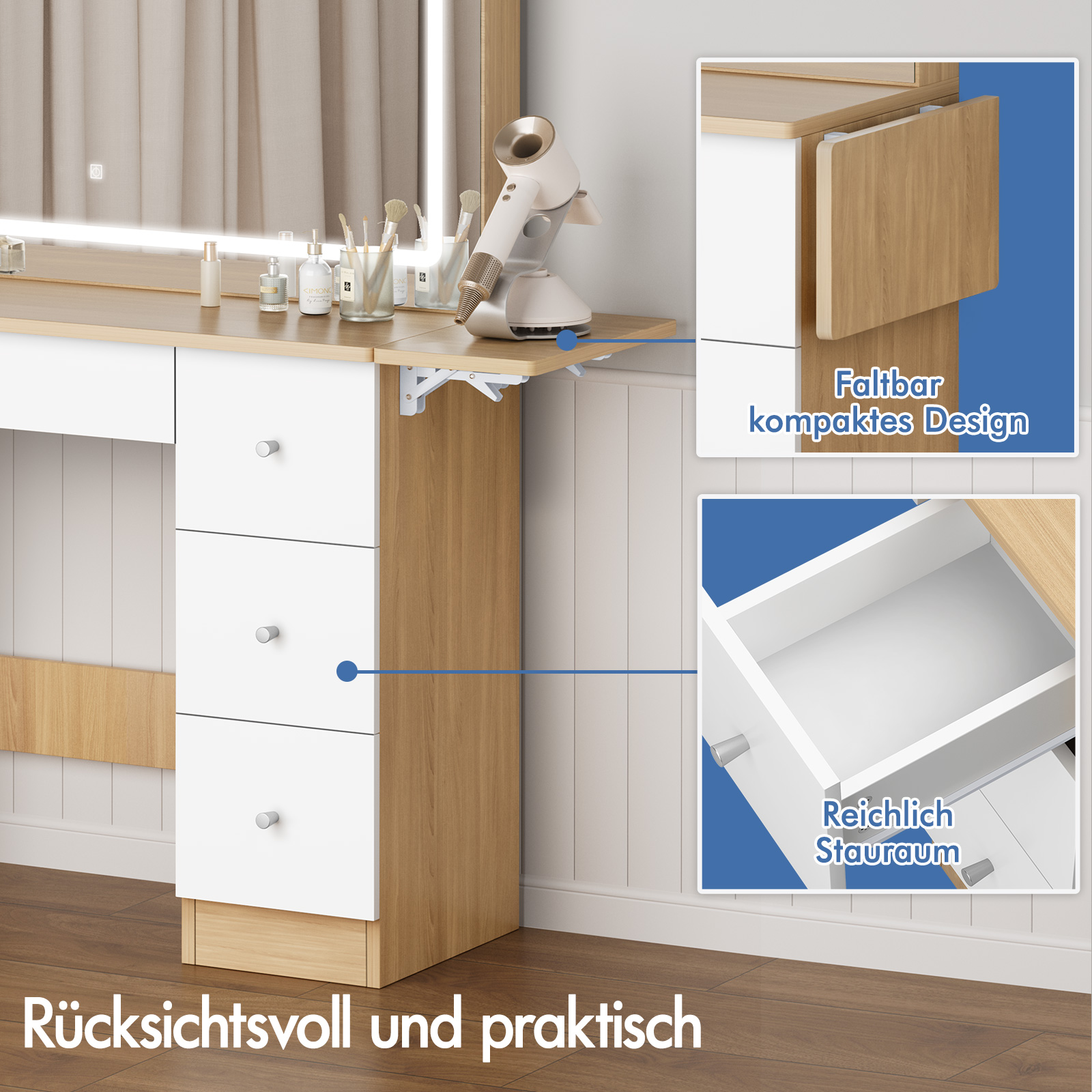 Schminktisch mit ausklappbarer Platte, Schubladen und Haartrockner.