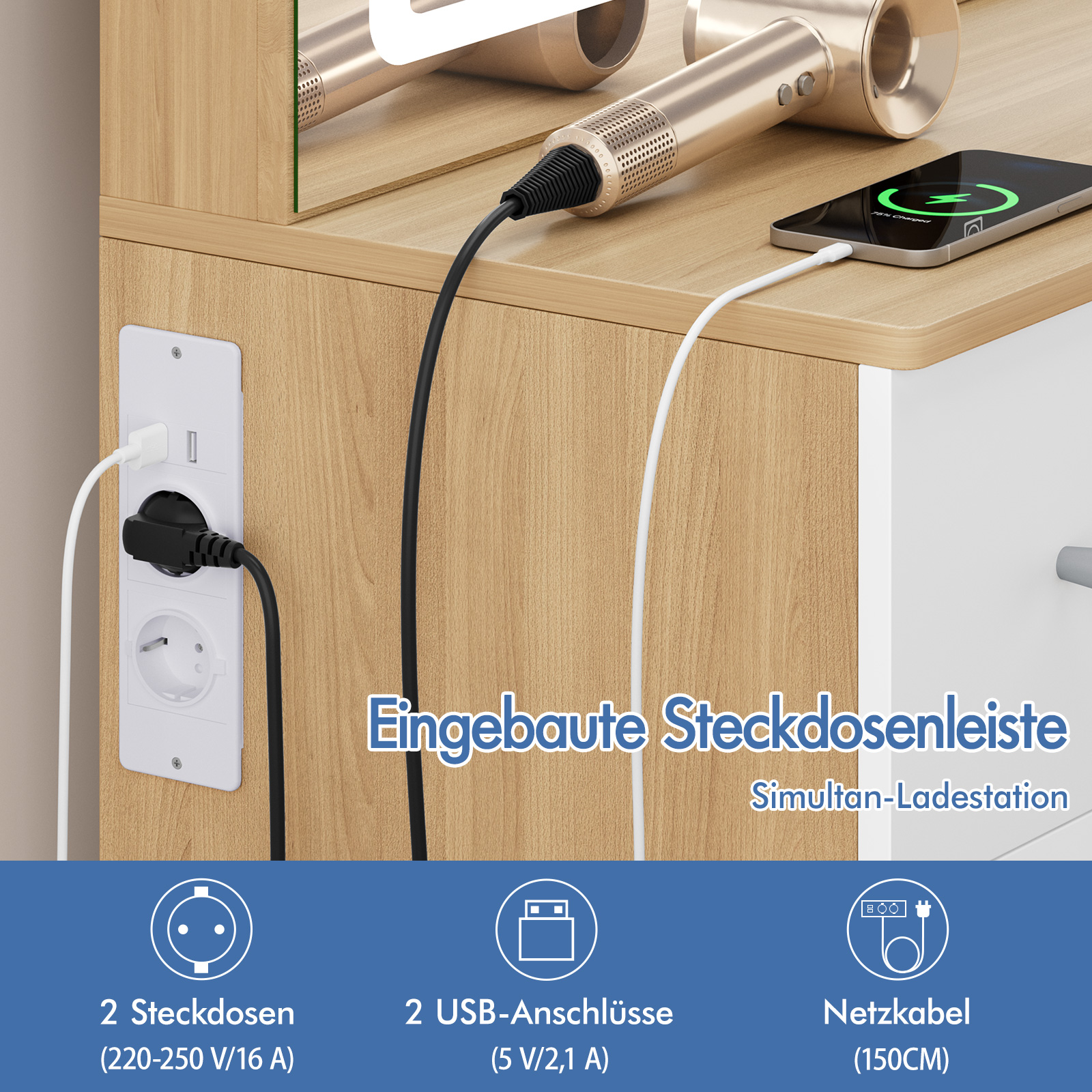 Ladestation mit Steckdosen, USB-Anschlüssen und Netzteil für Haartrockner.