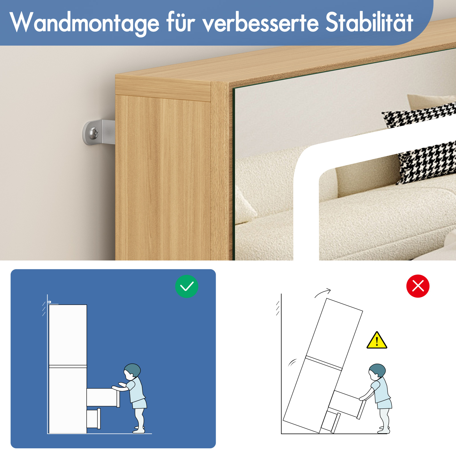 Wandmontage für verbesserte Stabilität. Links: Sichere Befestigung. Rechts: Umkippgefahr.
