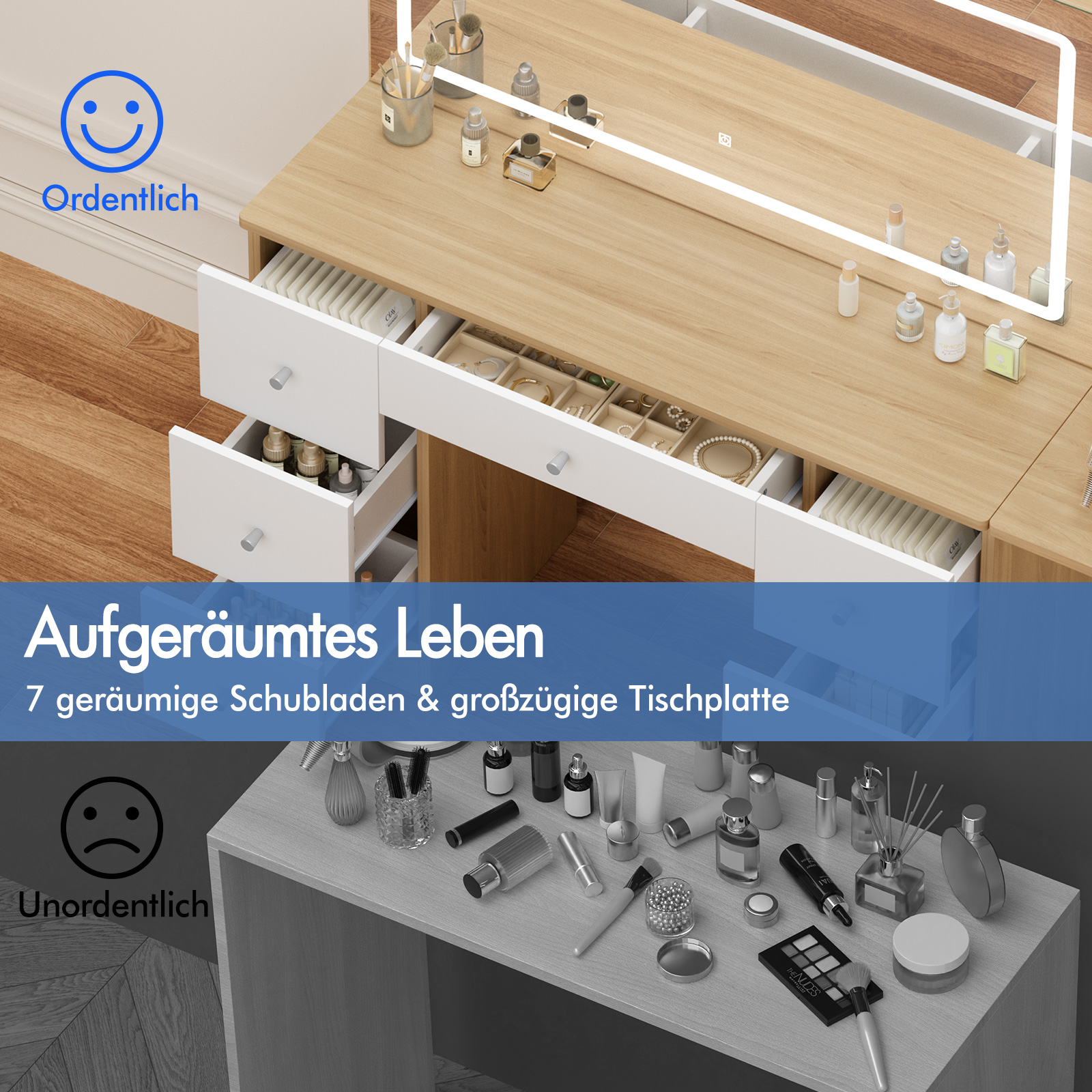 Schminktisch mit offenen Schubladen, gefüllt mit Schmuck und Kosmetik.