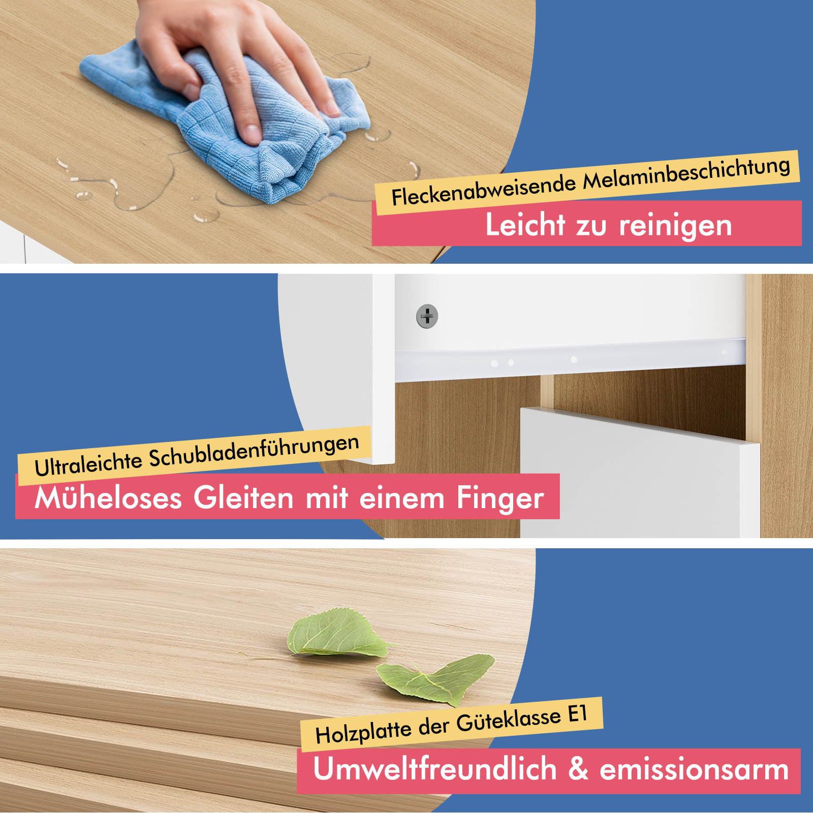 Ein blaues Tuch reinigt eine helle Holzoberfläche mit Wassertropfen.