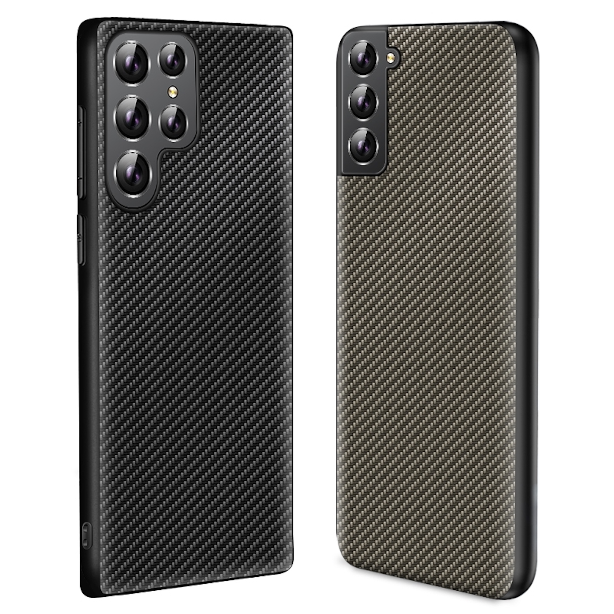 Dos fundas de smartphone con patrón de fibra de carbono. Una es negra, la otra marrón.