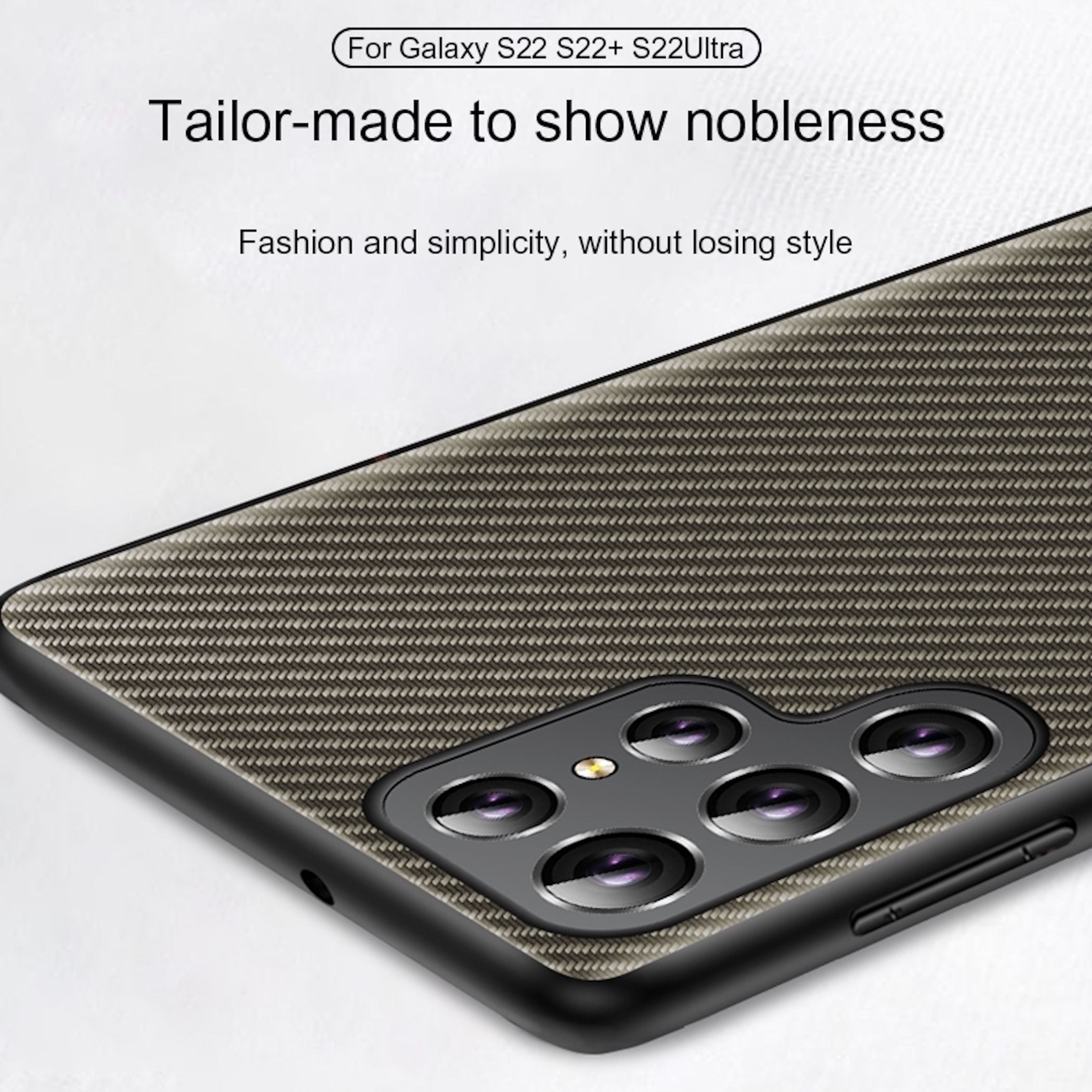 Reverso de un smartphone con funda de patrón de carbono y lentes de cámara.